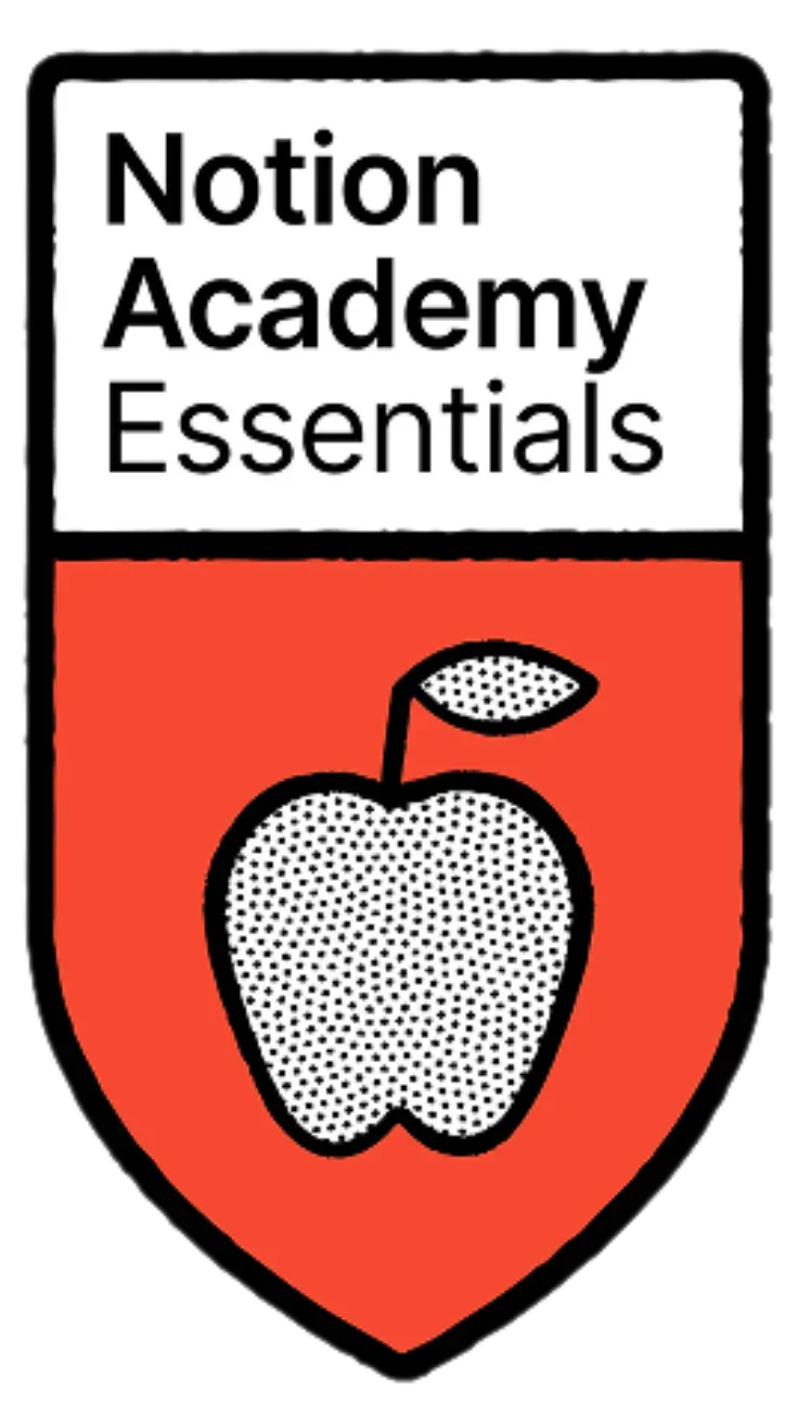Notion Academy Essentials logo with a shield design, featuring black text on a white background at the top and a red background with a white dotted apple illustration below.