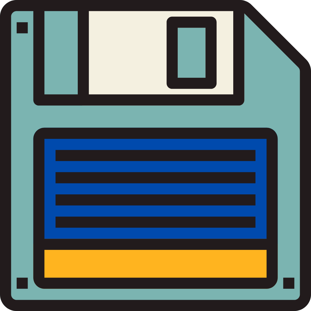 A digital illustration of a floppy disk with a blue label area, a yellow stripe, and a white and turquoise body.