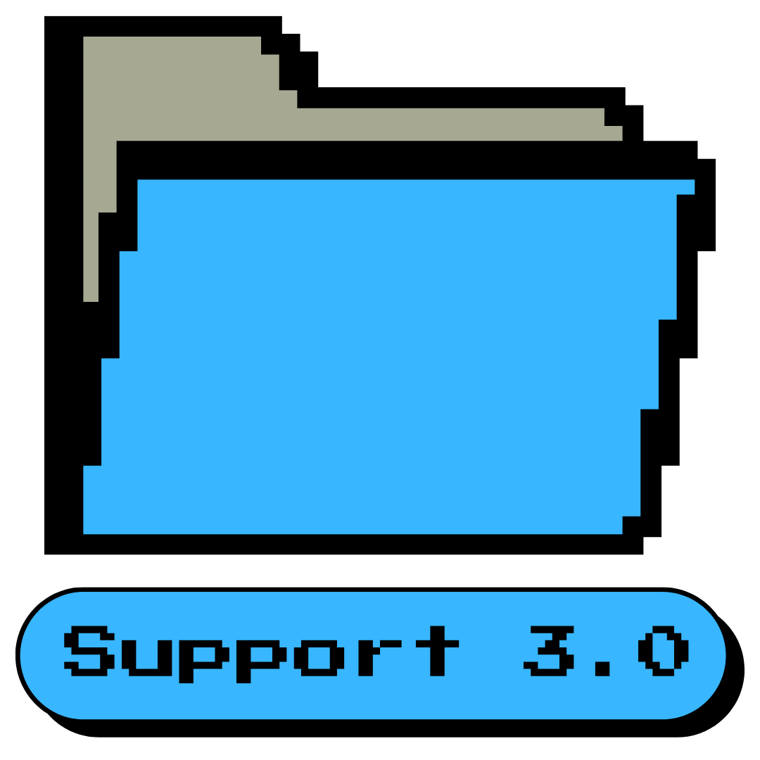 A pixelated digital icon showing a blue chat window with the words "Support 3.0" in black text on a blue rounded rectangle button at the bottom.