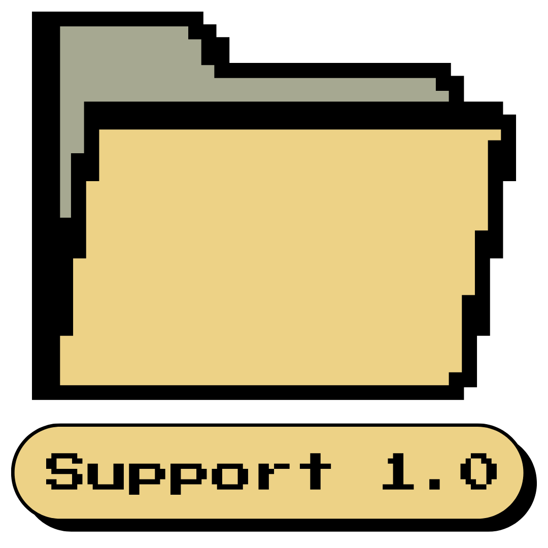 Pixelated download icon with the words "Support 1.0" on a beige background.