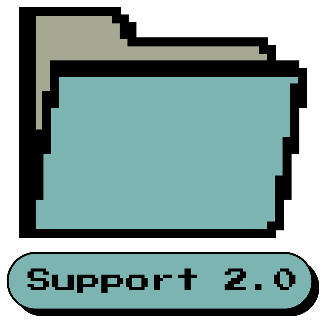 Pixelated icon of a computer window with a scrollbar, and text below reading 'Support 2.0' in pixelated font.