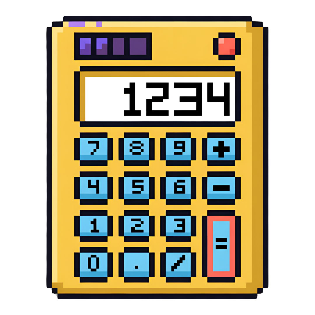 Pixel art calculator with yellow body, black border, blue buttons with numbers and symbols, a white display showing 1234, and a red border around the equals button.