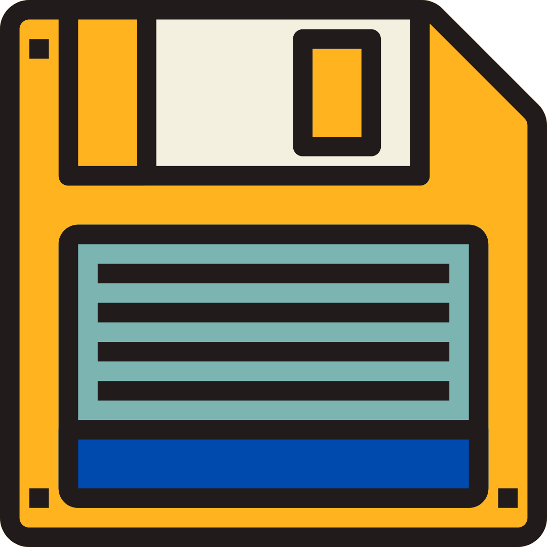 A yellow floppy disk icon with a black outline, featuring a gray and black label area and a large blue rectangle at the bottom.