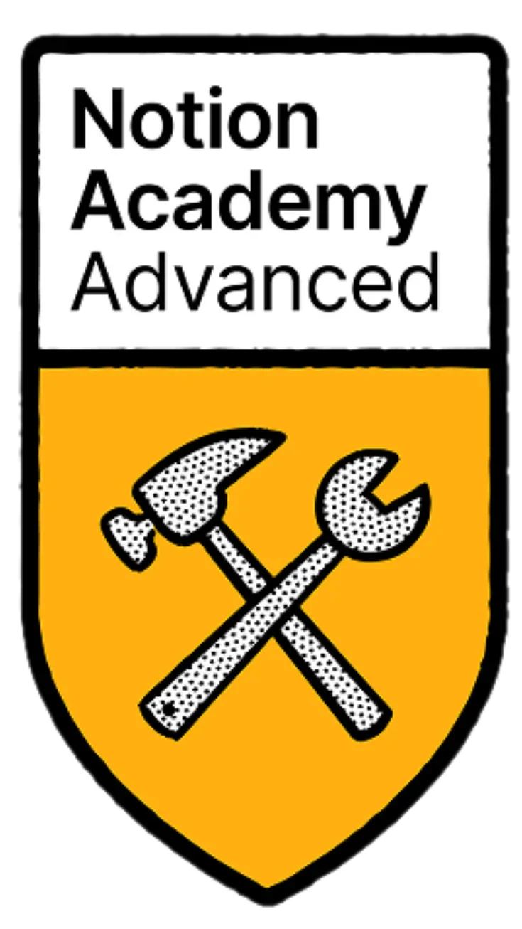 Shield emblem with the text 'Notion Academy Advanced' at the top and a graphic of a hammer and wrench crossed in yellow background.