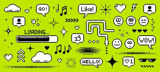 Pixel art-style digital illustration with a bright green background featuring various icons and speech bubbles. Elements include a loading bar, music notes, hearts, smiling and neutral faces, a cloud, a lightning bolt, and phrases like 'GO!', 'Like!', 'WOW!', and 'HELLO!'.