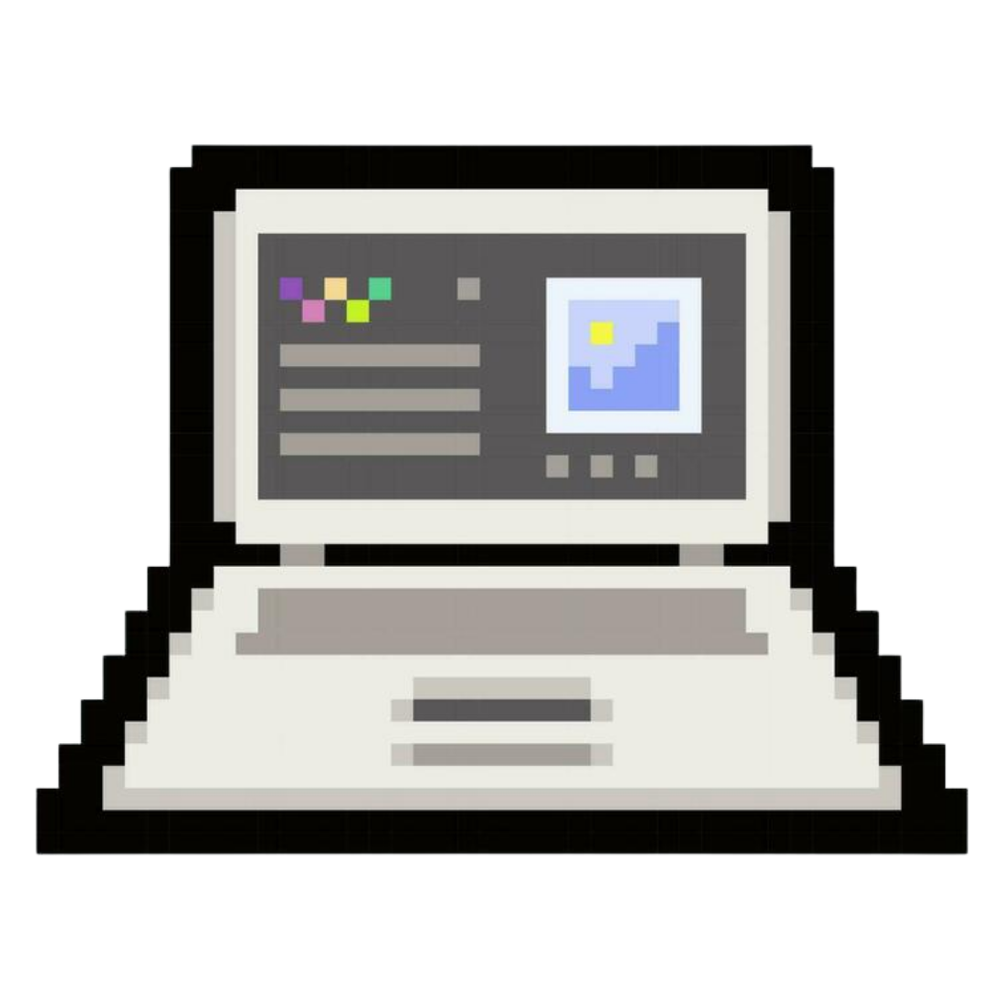 Pixel art image of a vintage laptop computer with a screen displaying a blue and yellow icon.
