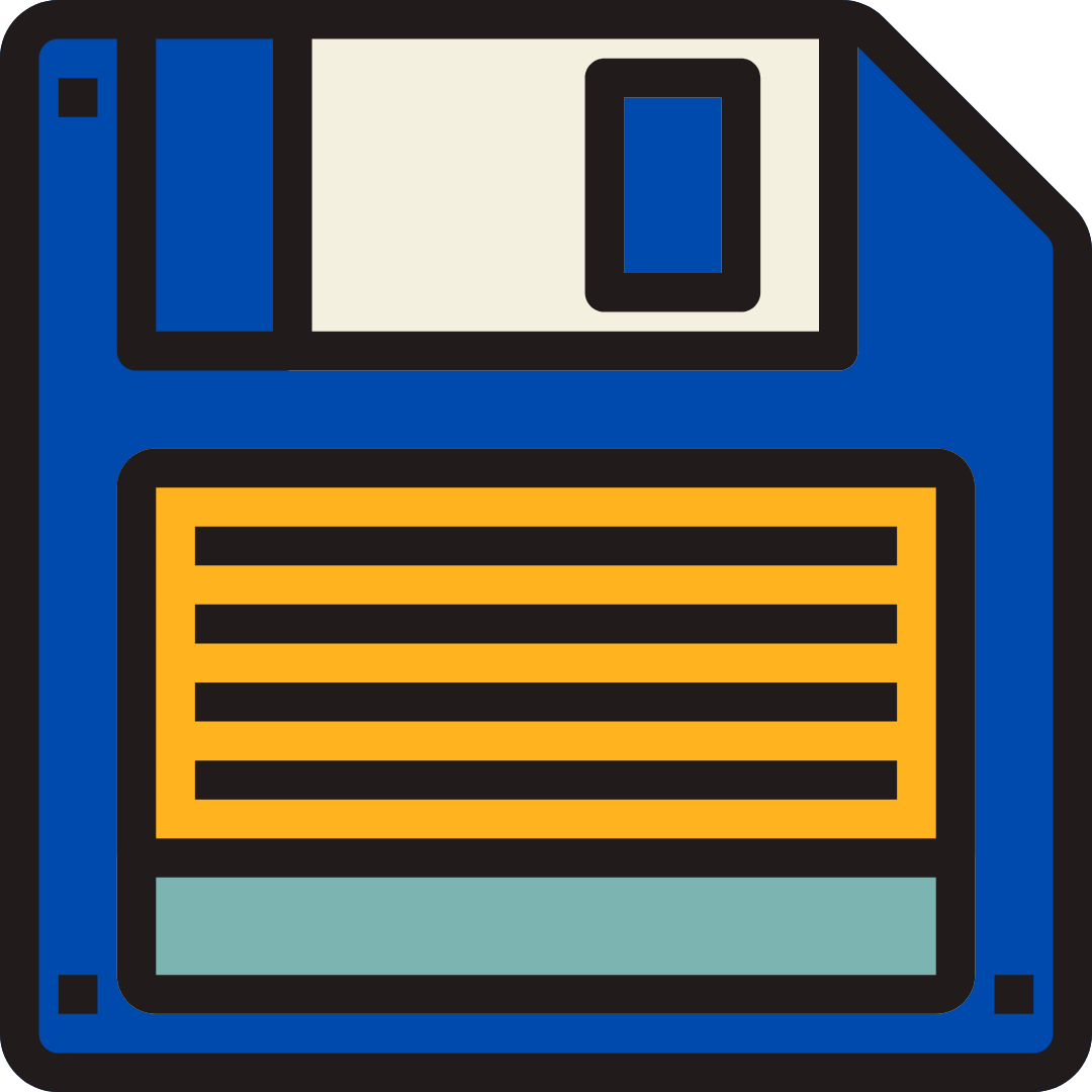 Illustration of a floppy disk with a blue body, a white label, and an orange tab, representing data storage.