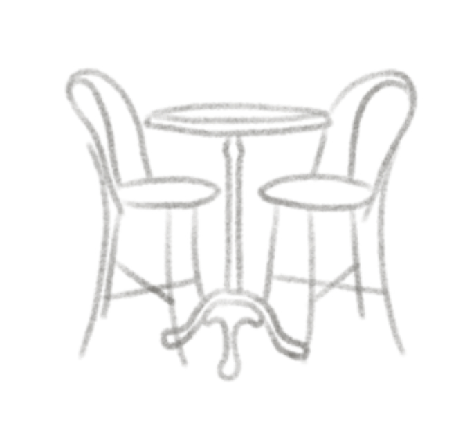 Outline drawing of a small round table with two chairs.