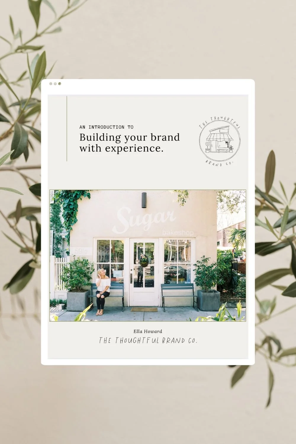The cover of the experience guide. Ella sitting on a bench outside a bakery called Sugar Bakeshop. The bakery has large windows and is surrounded by greenery.