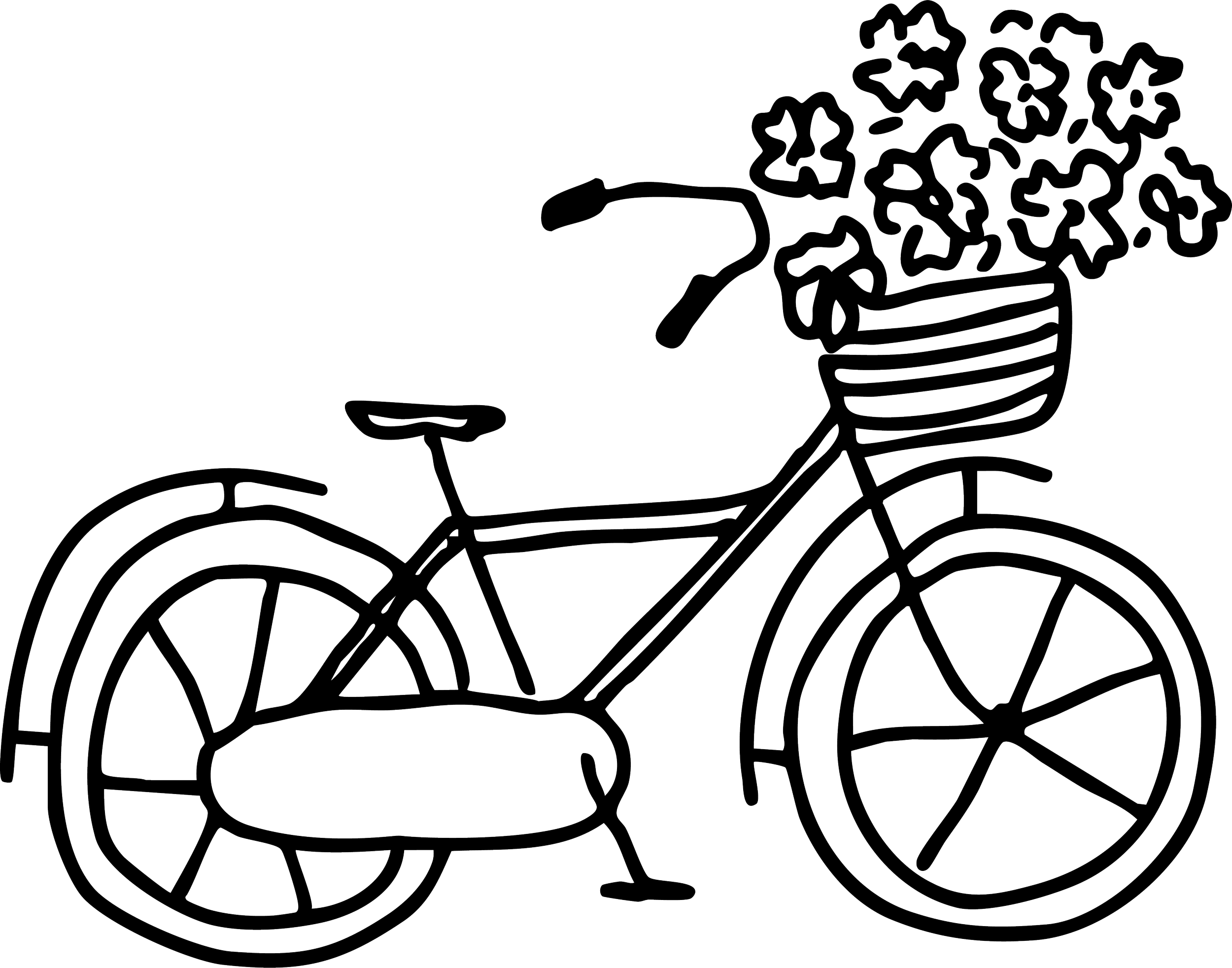 Outline illustration of a bicycle with a basket full of flowers on the front