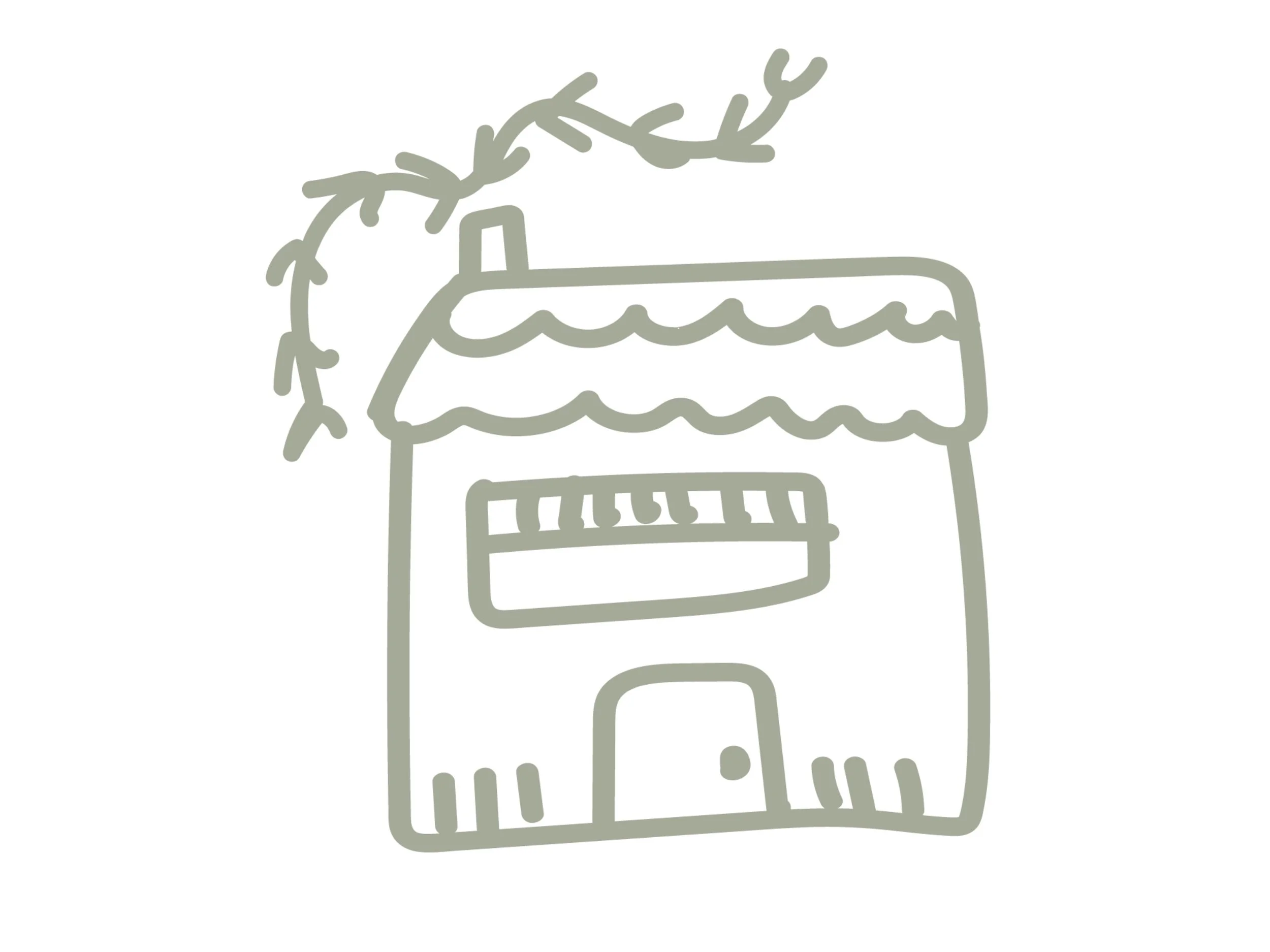 A simple line drawing of a small shop — a door, a window, a striped awning, a scalloped roof, and an arched vine with leaves hanging overhead.