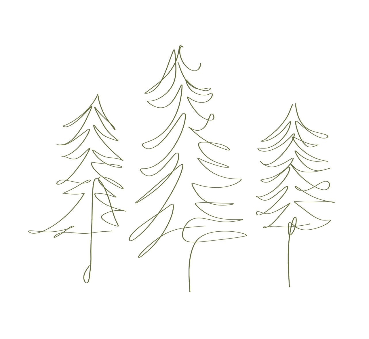 Three hand-drawn pine trees drawn with continuous green lines on a black background.