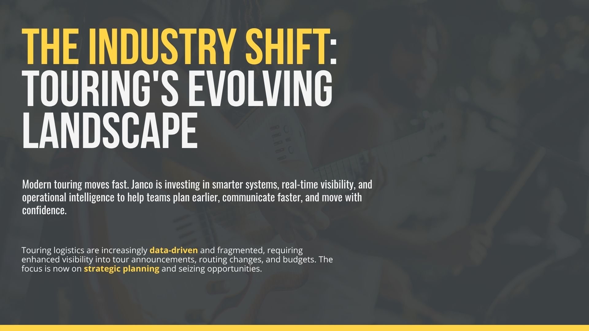 Modern touring moves fast. Janco is investing in smarter systems, real-time visibility, and operational intelligence to help teams plan earlier, communicate faster, and move with confidence.