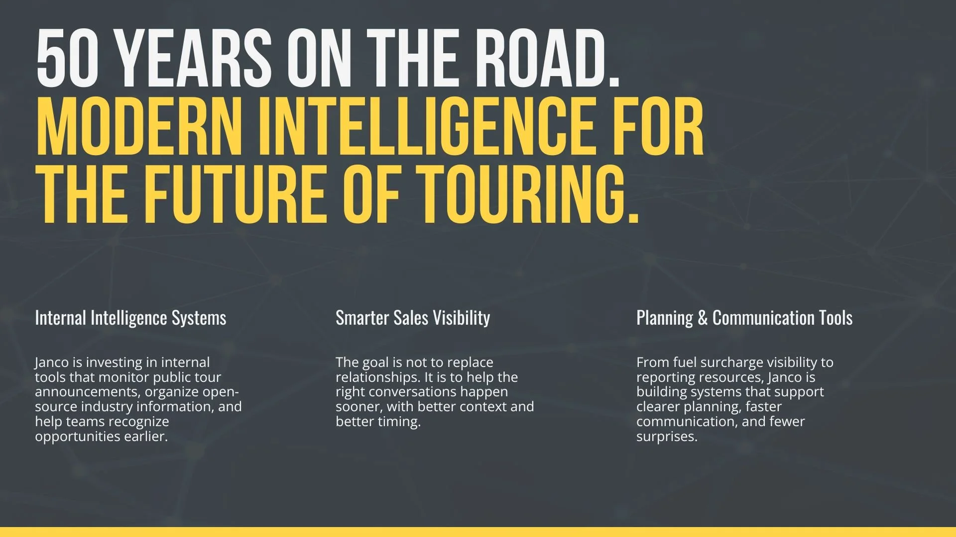Janco is investing in internal tools that monitor public tour announcements, organize open-source industry information, and help teams recognize opportunities earlier.
