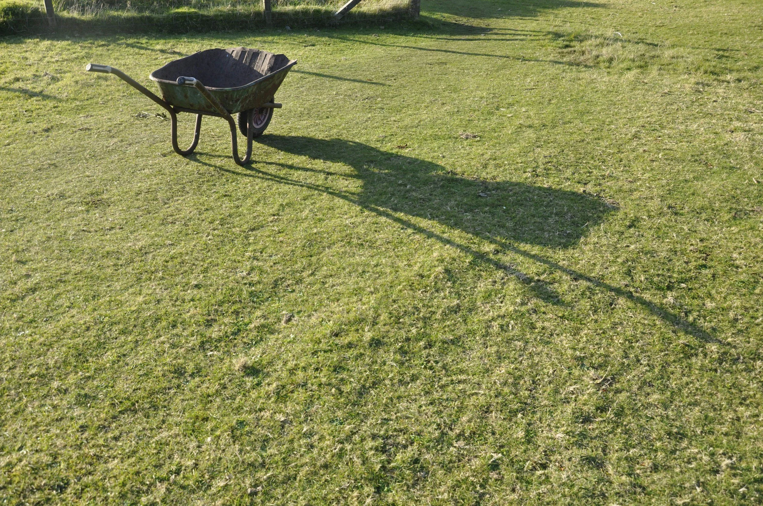 An empty wheelbarrow on a grassy field casting a long shadow.
