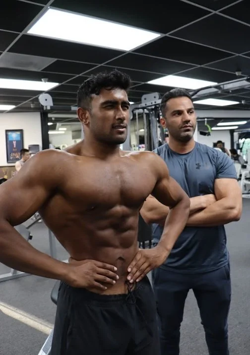 Two men in a gym, one shirtless showing muscular build, the other wearing a dark t-shirt with arms crossed.