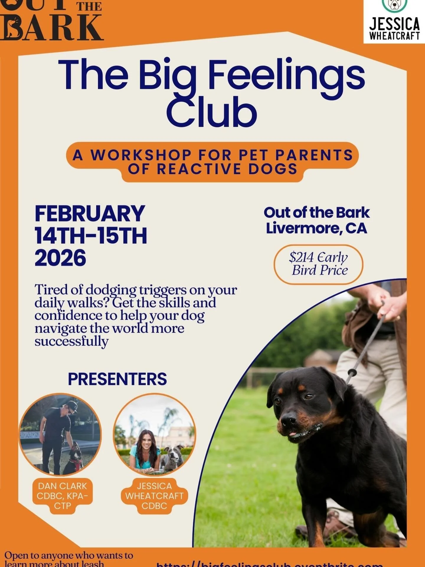 ✨ Exciting Announcement! ✨

We&rsquo;re hosting &ldquo;The Big Feelings Club&rdquo; workshop right here at Out of the Bark in Livermore, a two-day learning experience designed especially for pet parents of reactive dogs. 🐕💛

If you&rsquo;re tired o
