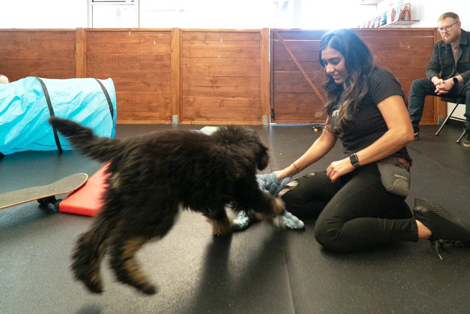 A dog trainer kneeling on the floor while a playful puppy engages in a tug game, practicing engagement and positive reinforcement skills.