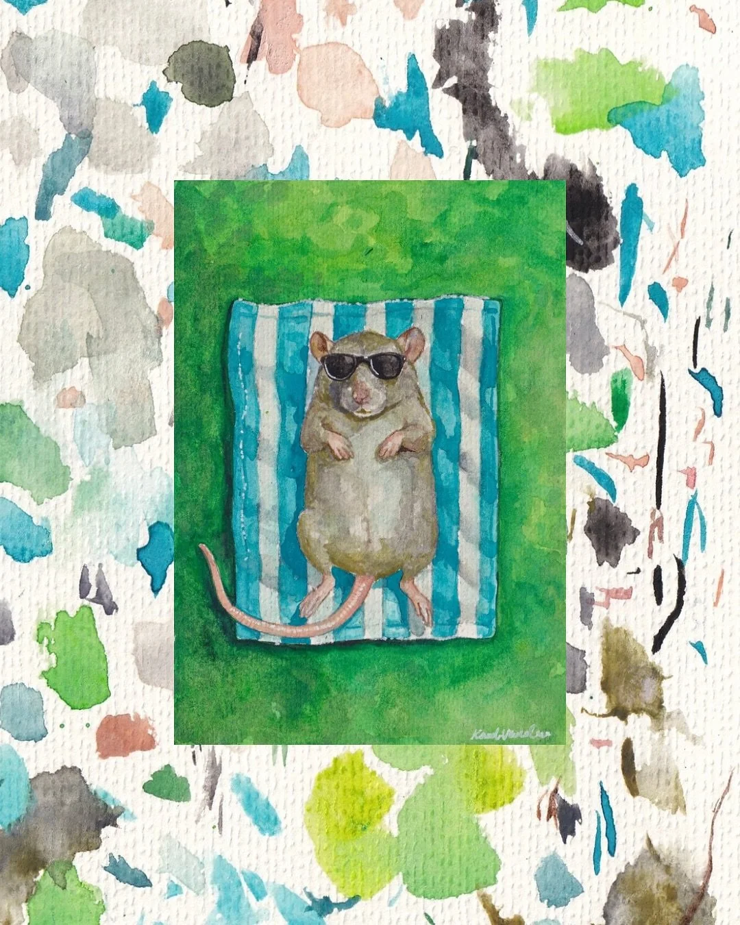 &ldquo;barton springs rat&rdquo; original painting
watercolor on paper 
5x7
#picassoofthesouth #bartonsprings #austintexasartist #watercolorart #atx #bartonspringspool #stripedtowel