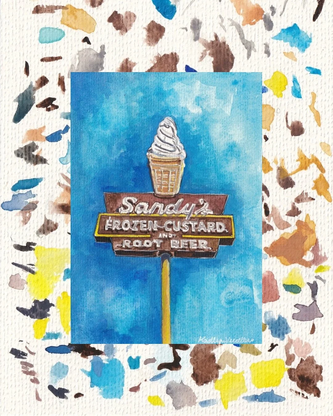 &ldquo;sandy&rsquo;s frozen custard&rdquo; original painting 
watercolor on paper 
5x7 
#picassoofthesouth #austintexasartist
