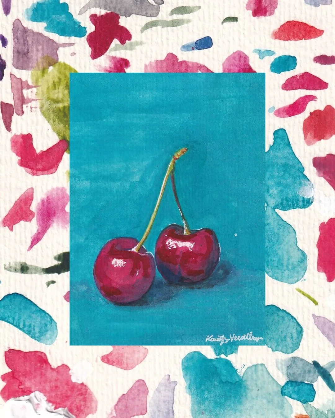 &ldquo;cherries&rdquo; original painting 
watercolor on paper 
4x6
#austintexasartist #acl #austintx #picassoofthesouth #cherry #cherryart #kitchenart #picassoofthesouth