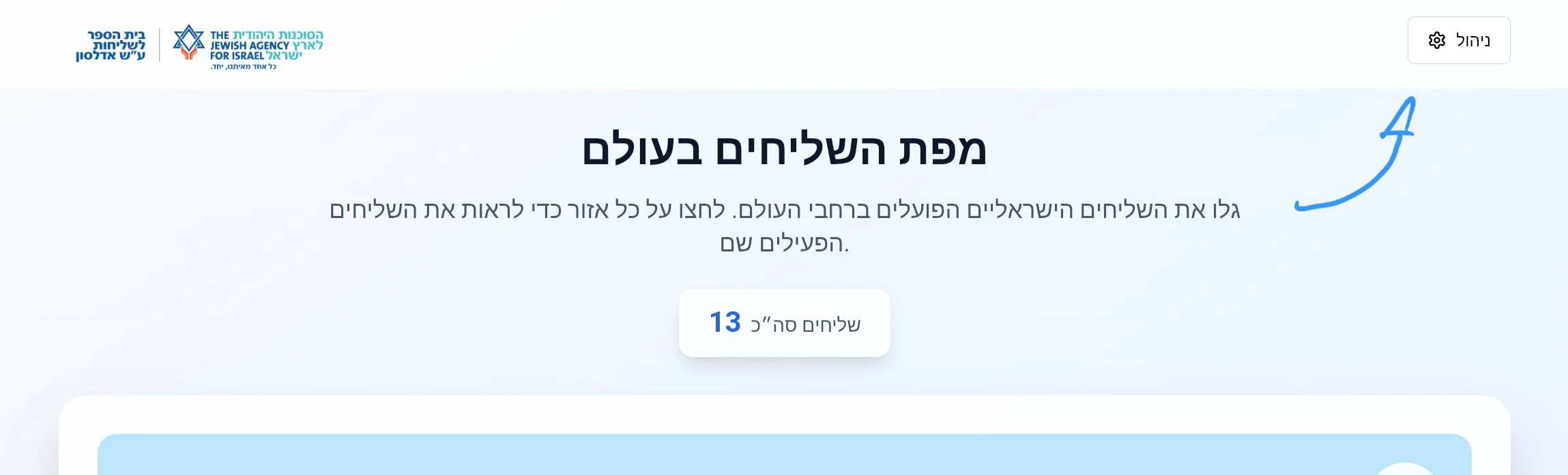Hebrew-language webpage for the Jewish Agency for Israel, titled "The Ocean of Life." Logo of the Jewish Agency for Israel in the top left corner. The page contains Hebrew text about the world oceans and the number of ships, with a blue arrow pointing to a specific area.
