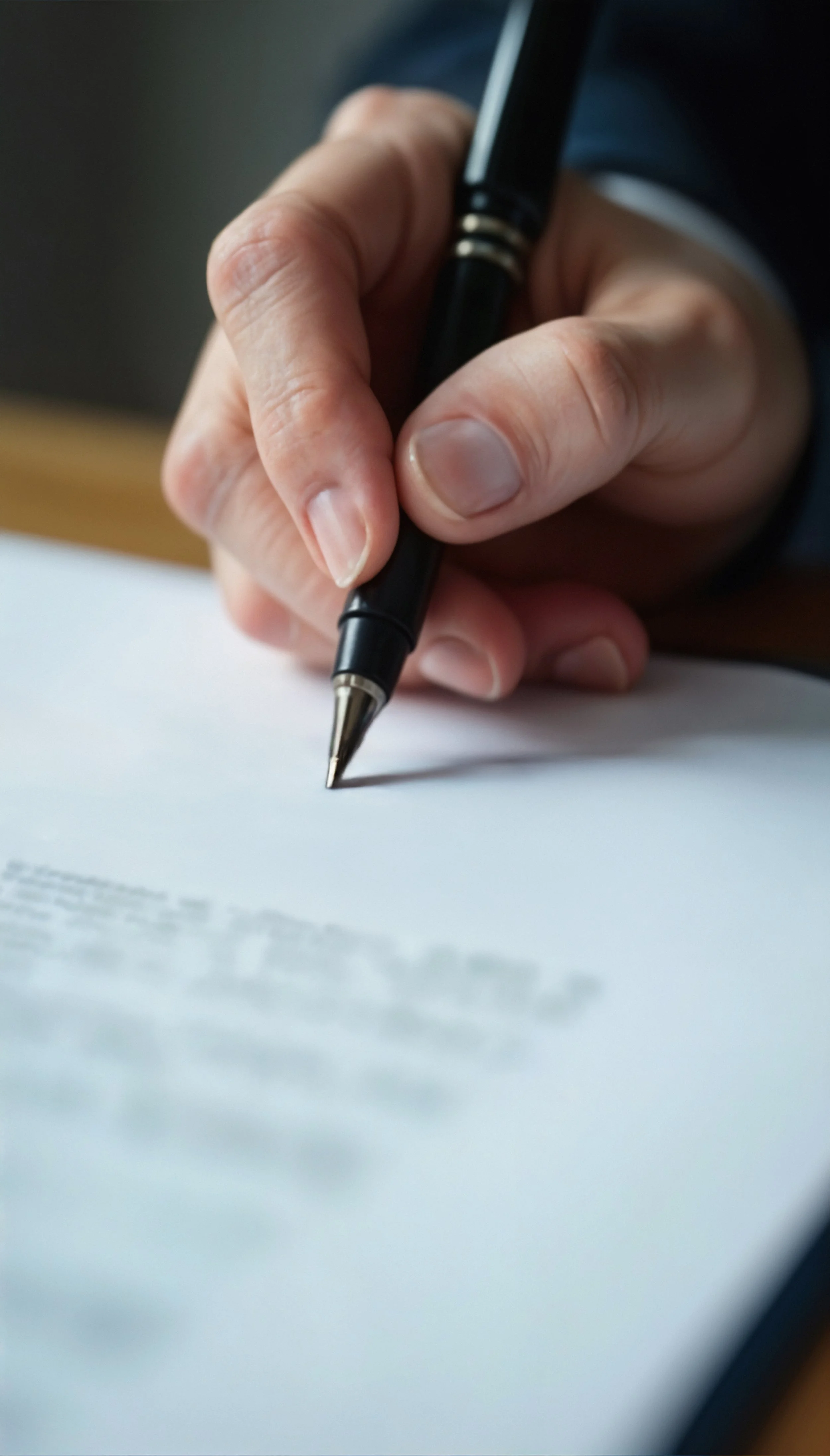 Close-up of a person's hand holding a black pen writing on a white sheet of paper.