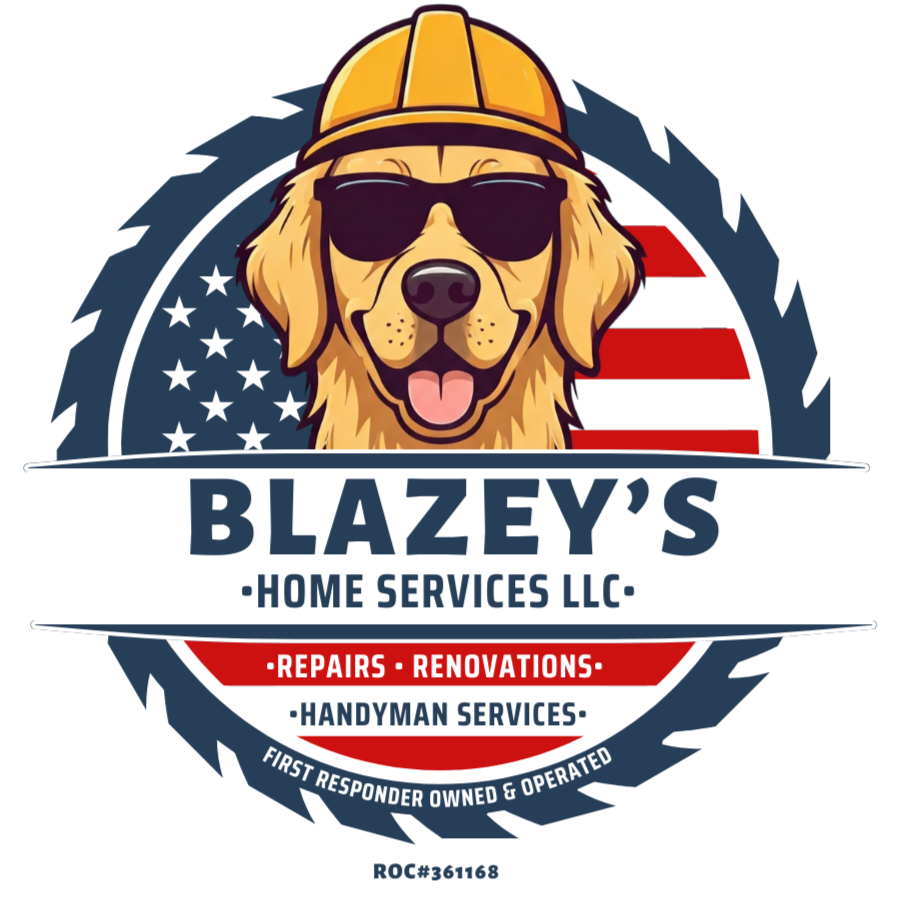 Logo for Blazey's Home Services LLC featuring a golden retriever wearing sunglasses and a construction hat with an American flag backdrop.