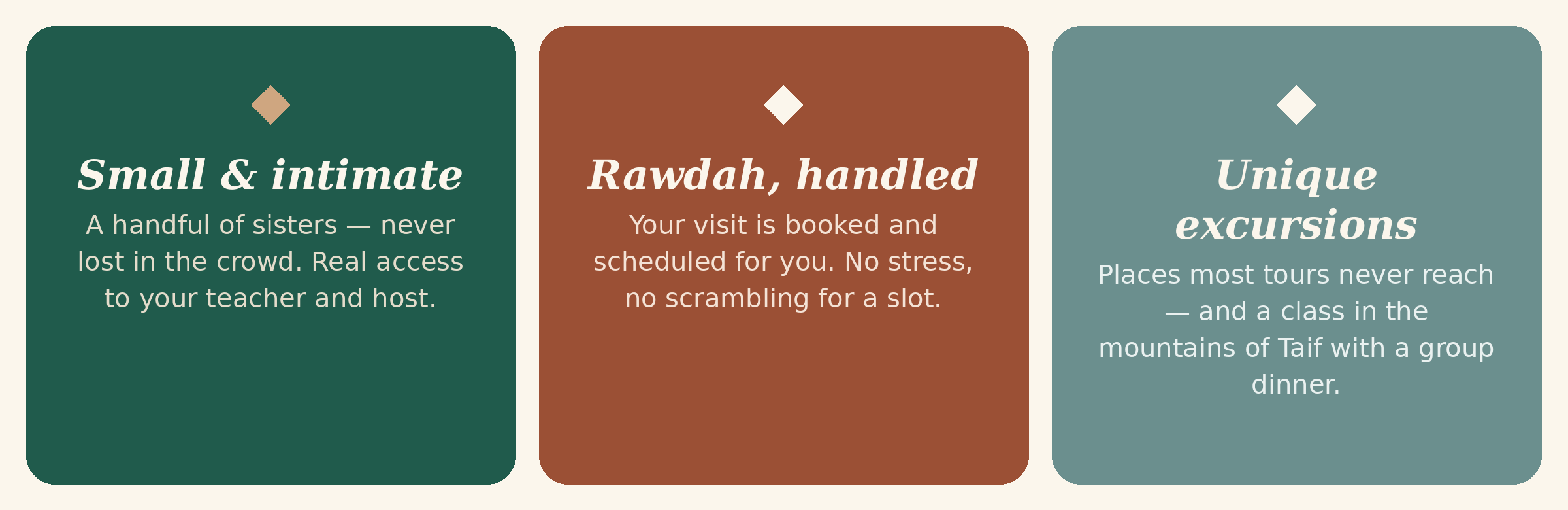 Why The Retreat is different — small intimate group, guaranteed Rawdah visit booked for you, unique excursions including a Taif mountain class