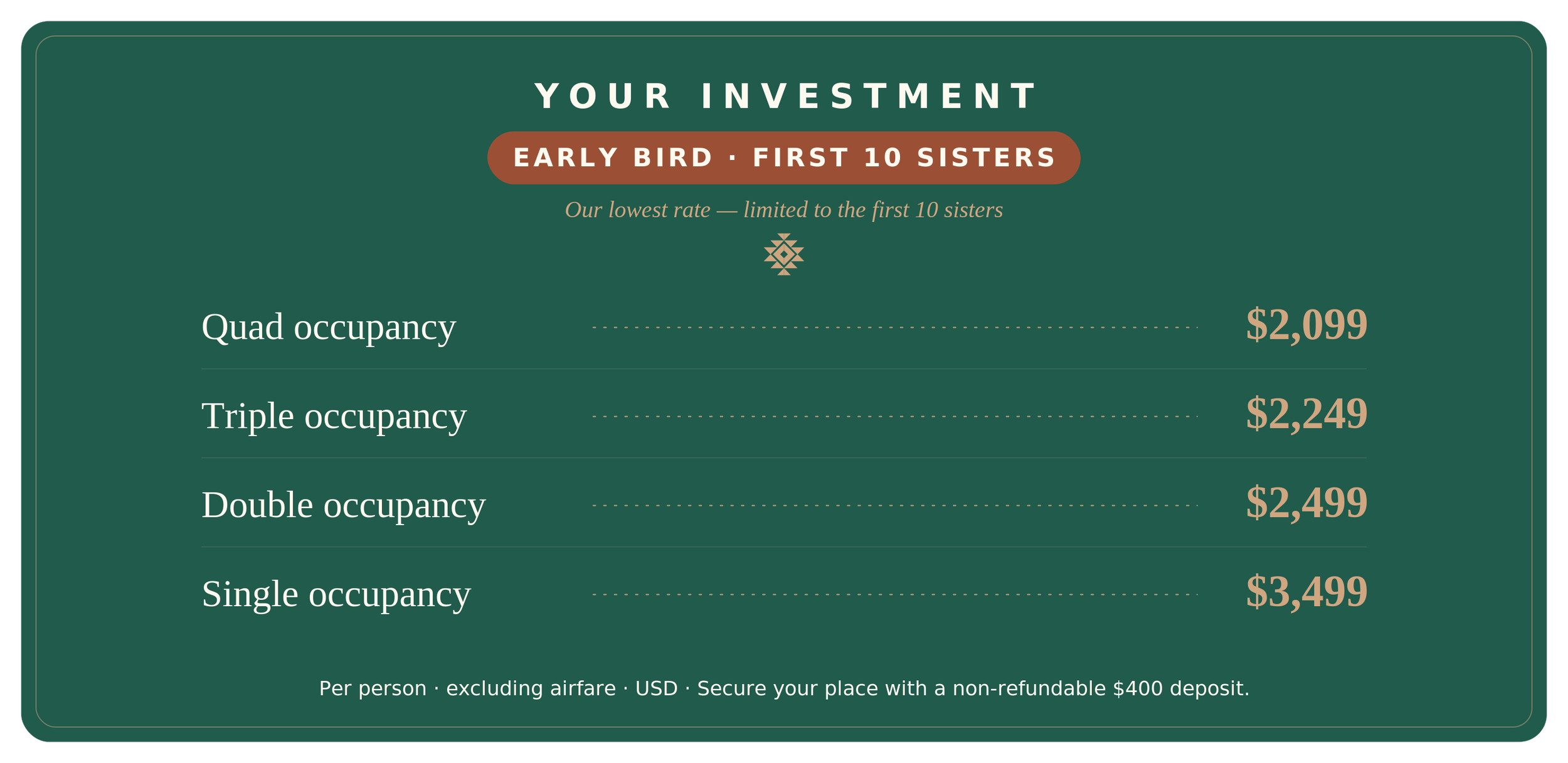 Women’s Umrah retreat 2026 pricing — Standard, Early Bird and Friends rates for quad, triple, double and single occupancy