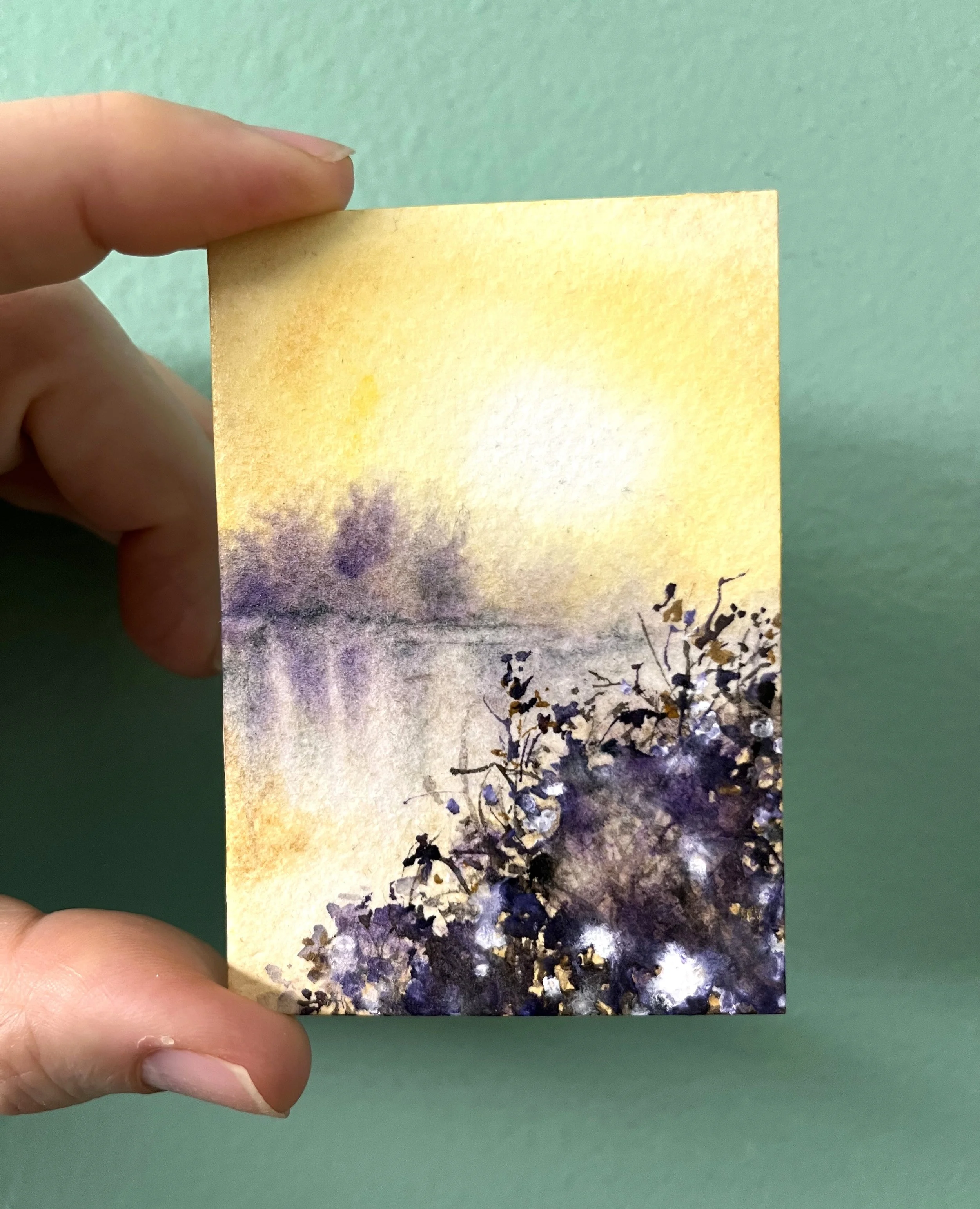 ACEO YELLOW SUNRISE Original Hand-Painted Watercolor 2.5"x3.5" Collectable Artwork
