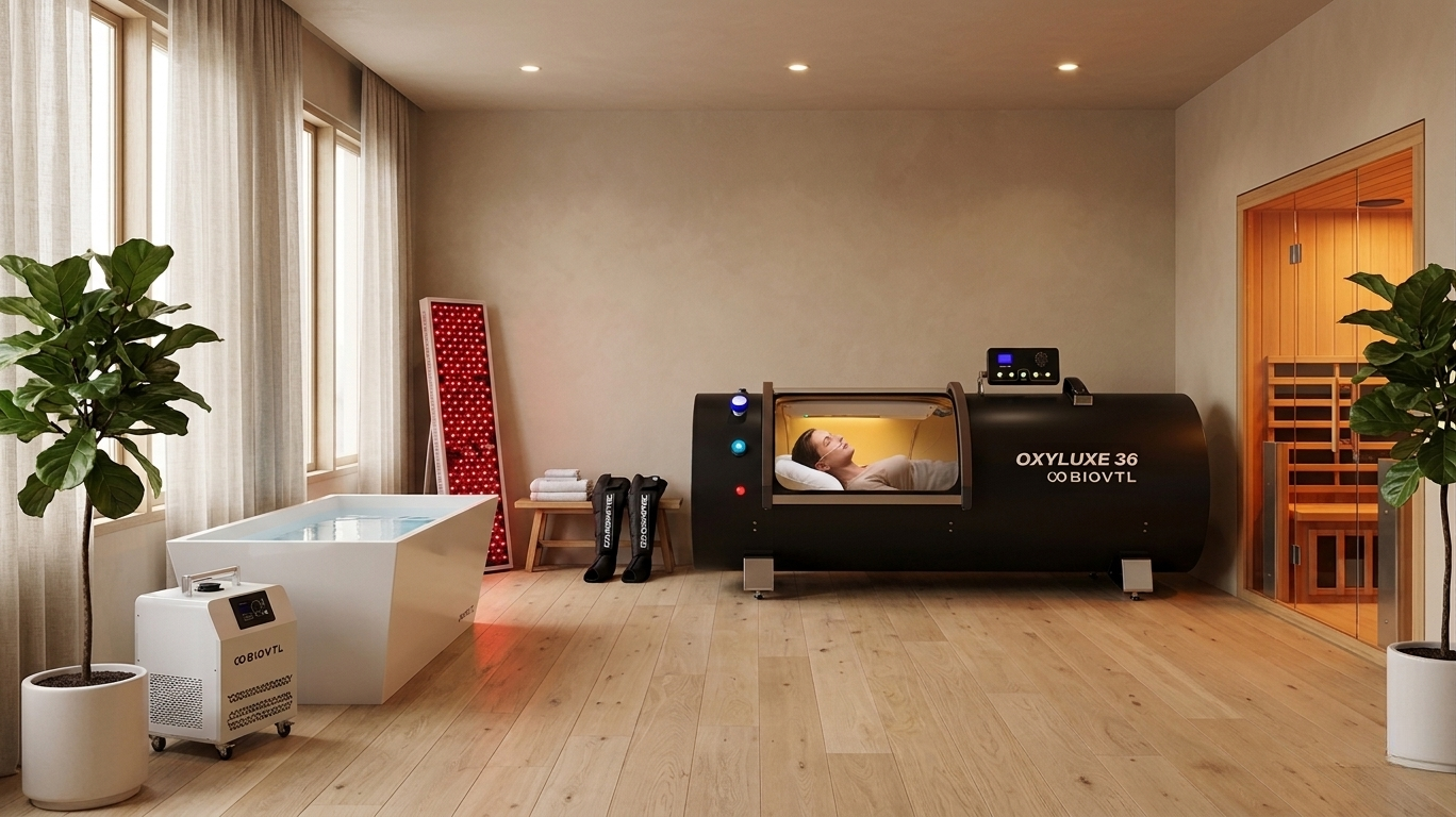 person inside OXYLUXE hard hyperbaric oxygen chamber HBOT session