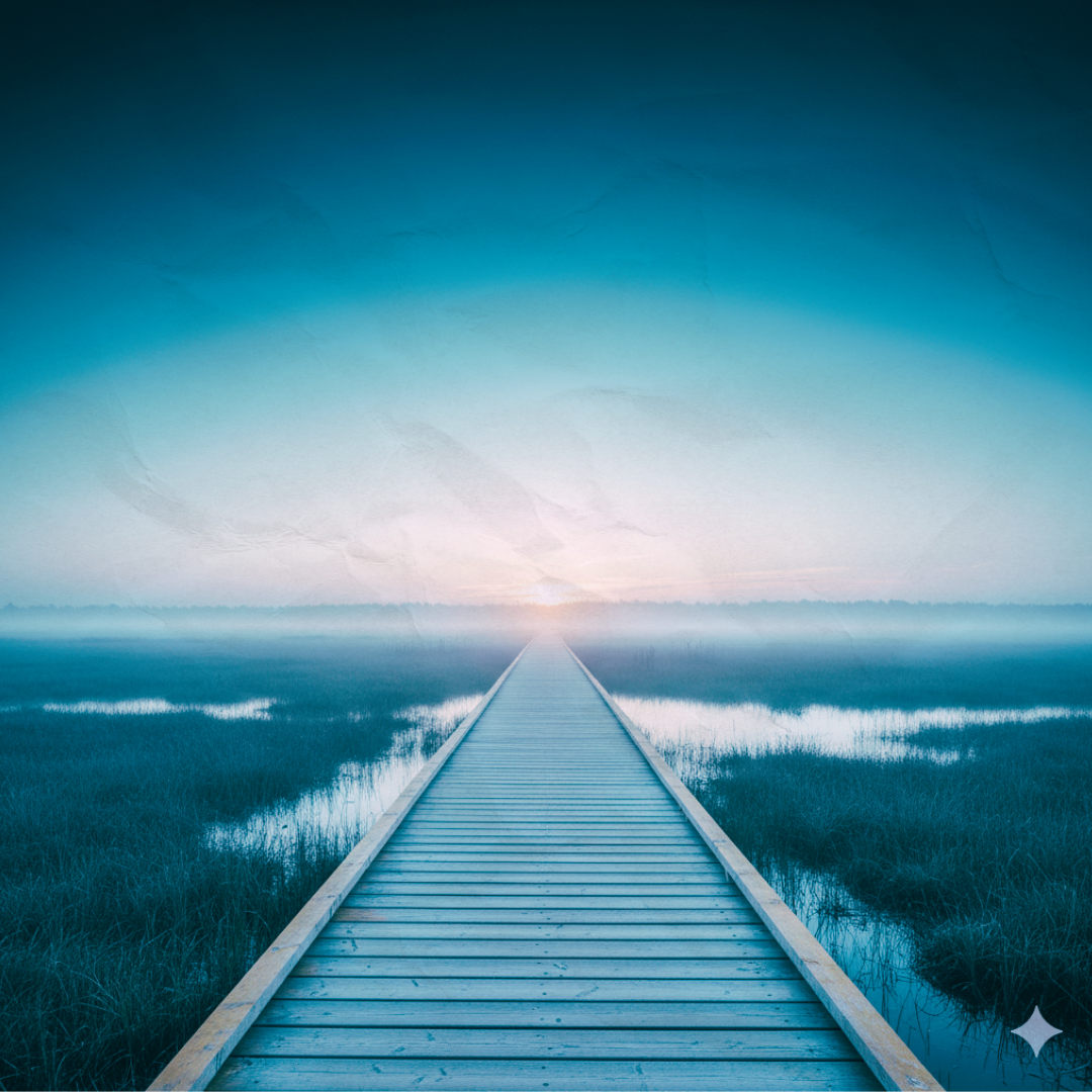 A long wooden dock stretching out over wetland at sunrise or sunset