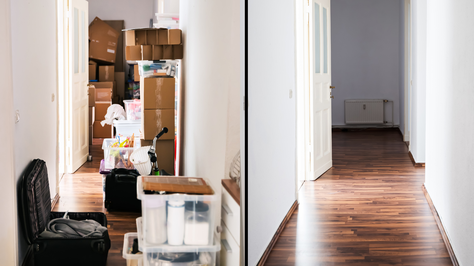 Comparison of two hallway views; left side cluttered with boxes, items, and luggage, right side clear with empty hallway and hardwood floor.