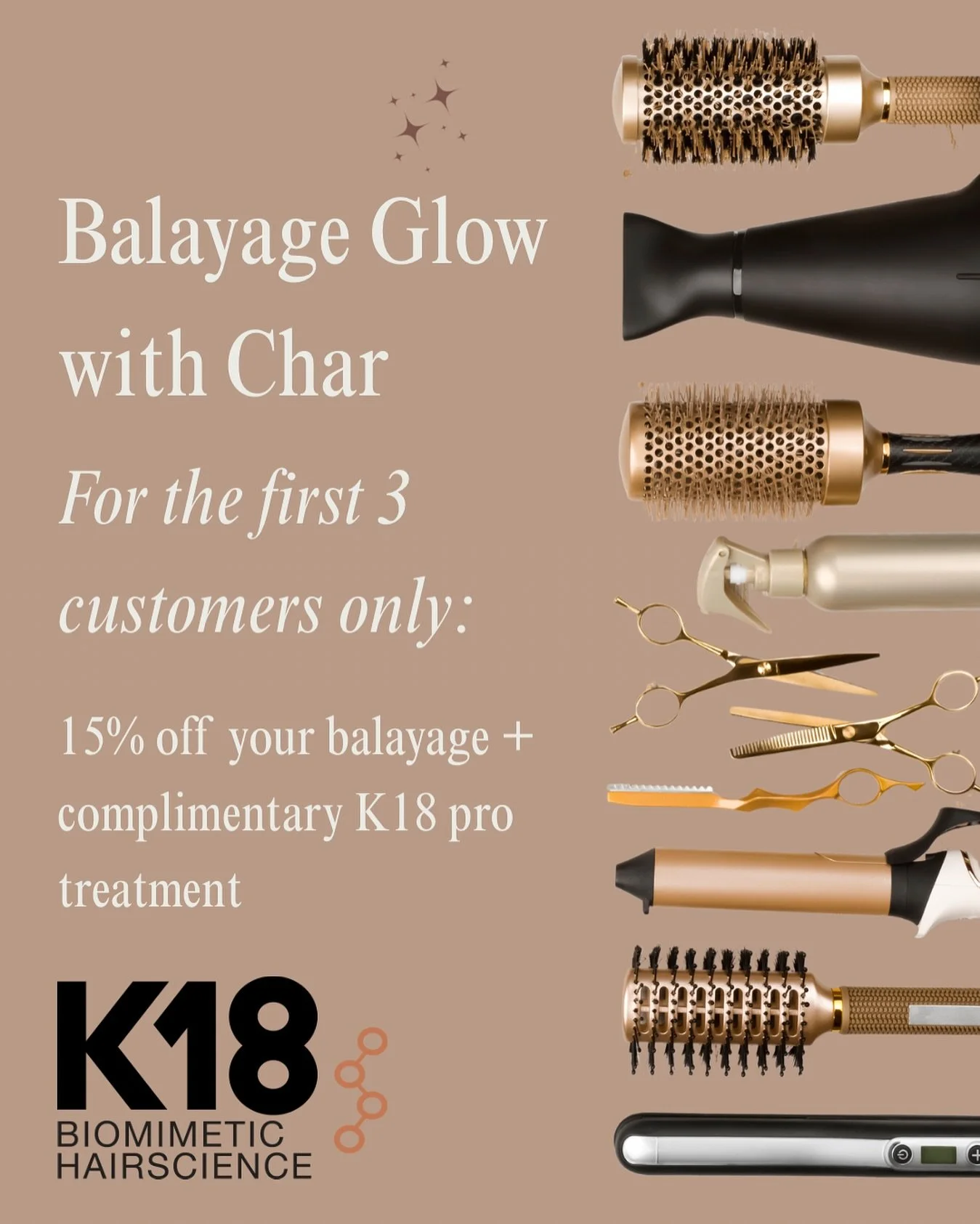 ✨ Exclusive Offer for the First 3 Clients! ✨

Book a balayage with Char @charj_hairstylist and enjoy 15% off AND receive a complimentary @k18hair treatment on us!