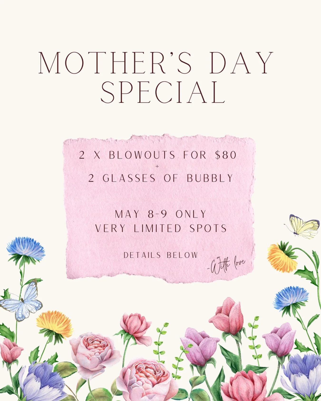 Treat mom (and yourself 👀) to a little glam + bubbly this Mother&rsquo;s Day 💐✨

2 blowouts + champagne = the perfect celebration 🥂

Blowouts done by @arbeautynco and @emily_hair_work ✨

VERY limited spots May 8&ndash;9 - book before they&rsquo;re