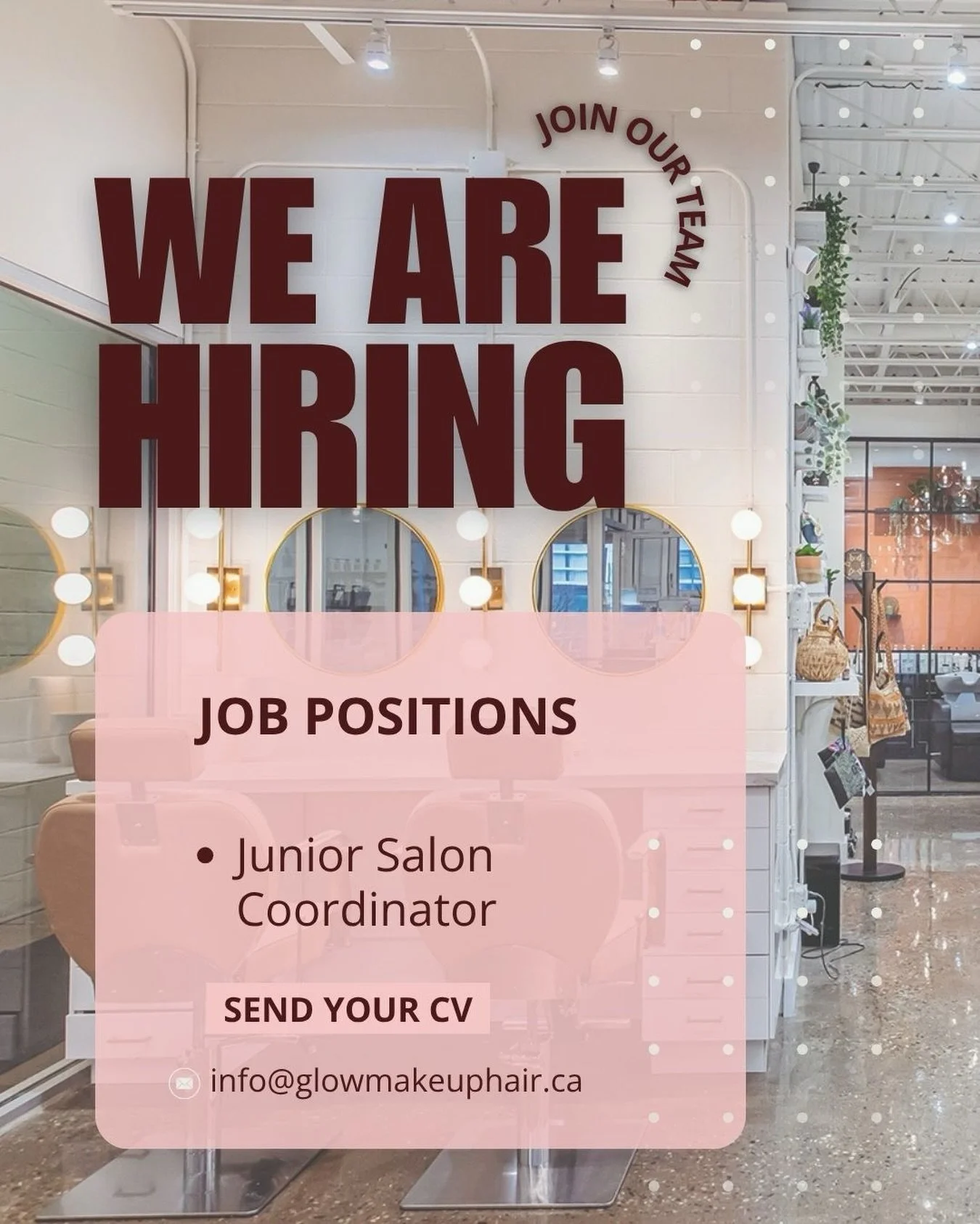 ✨ We&rsquo;re Hiring! ✨

Glow Makeup + Hair is looking for a Junior Salon Coordinator to join our growing team!

If you&rsquo;re organized, friendly, detail-oriented, and passionate about the beauty industry, we&rsquo;d love to hear from you. This ro