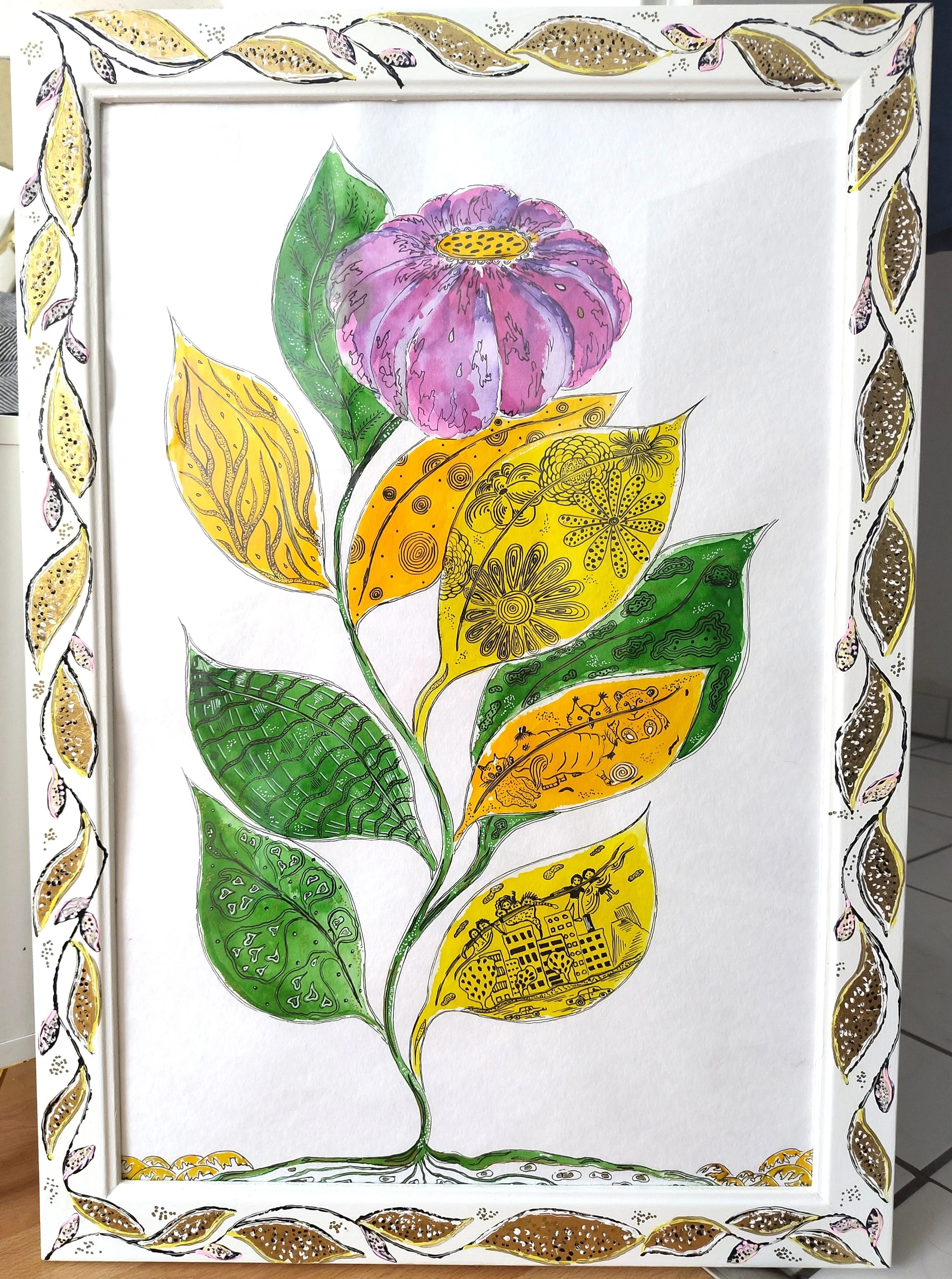 Holzbilderrahmen: gestrichen, bemalt (Goldblatt und Acrylfarben) und lackiert; Zeichnung: illustrative Blume in Zeichentusche