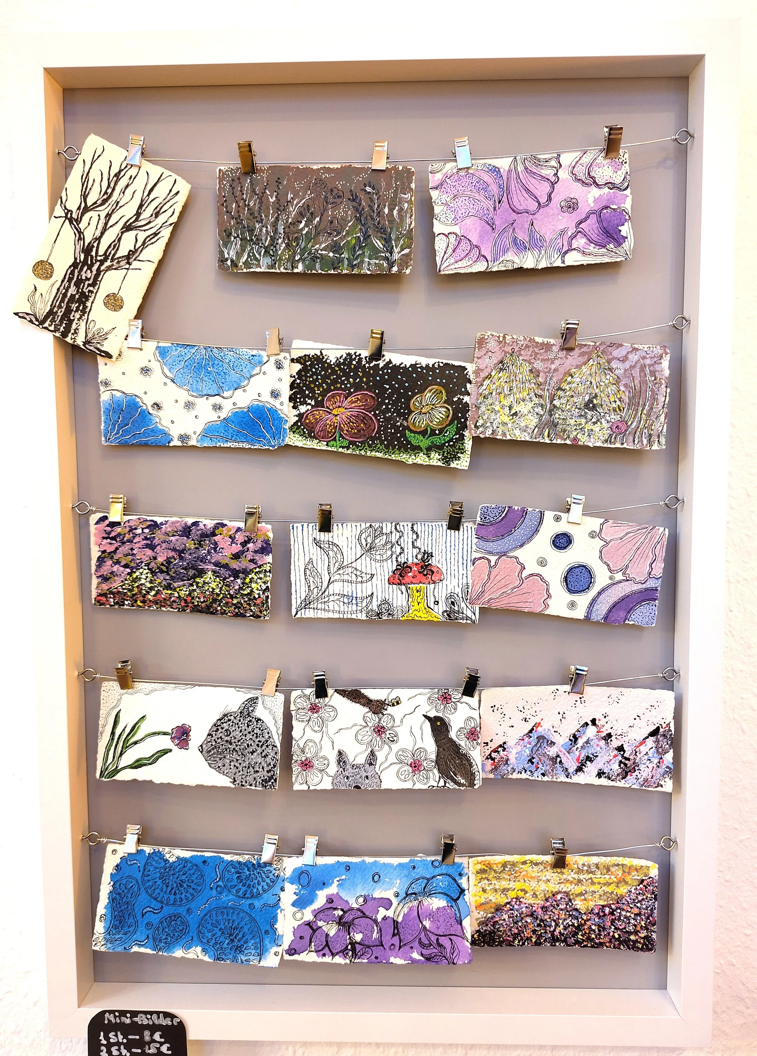 Minibilder mit diversen Motiven in Acrylfarben, Aquarellfarben und Zeichentusche; 6x12 cm