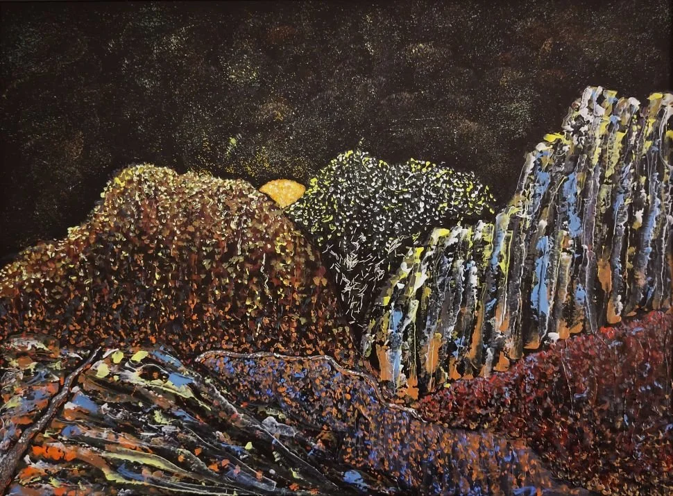 Idylle 2; Acryl und Glitzer auf Papier, 51 x 61 cm; Preis inkl. MwSt., Bilderrahmen und Passepartout 445€