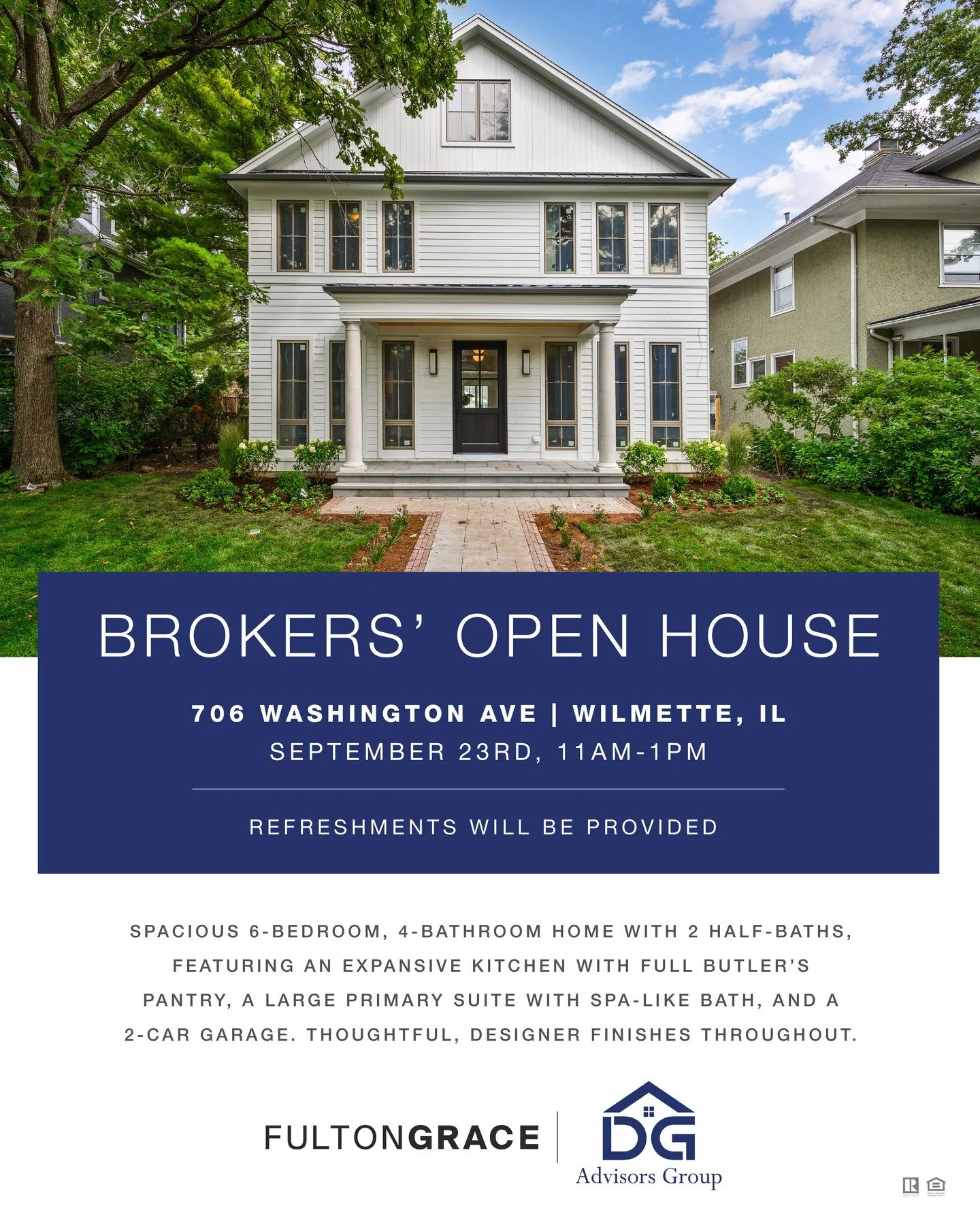 BROKER'S OPEN HOUSE! TUESDAY SEPT 23RD, 11AM-1PM

Northshore and Chicagoland brokers are invited to experience true elegance at 706 Washington in Wilmette! 6 bedrooms, gourmet kitchen, multiple entertaining spaces, a spa-like primary suite &amp; so m