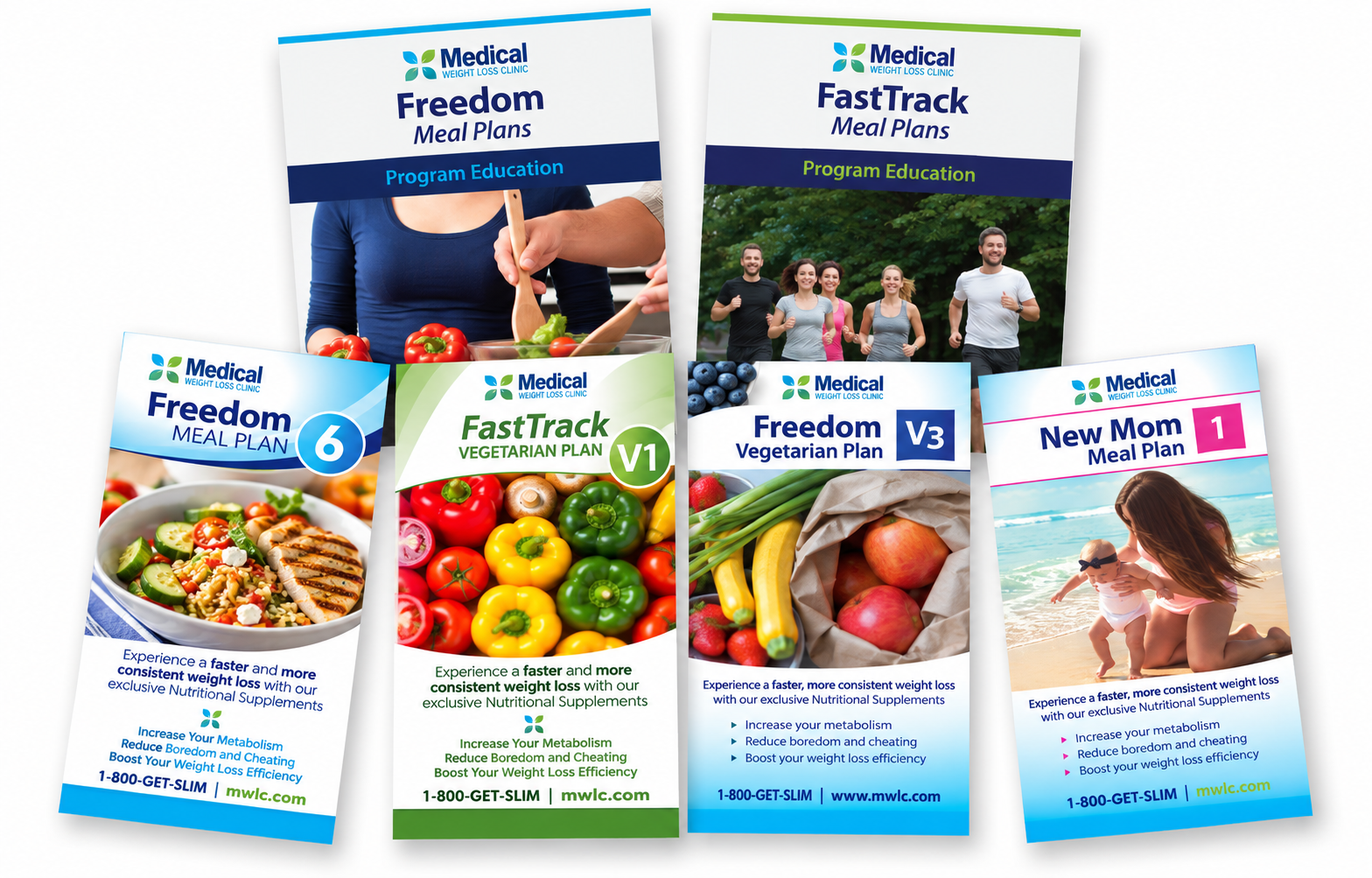 Collection of weight loss clinic program brochures with various meal plans for medical weight loss including vegetarian, vegetarian V3, and new mom meal plans, featuring images of healthy food, exercising group, and a mother with her baby at the beach.