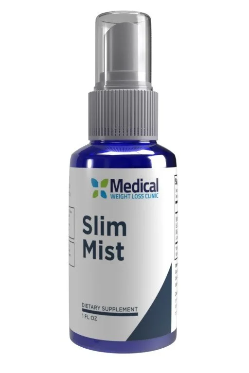 A blue bottle of Medical Slim Mist dietary supplement with a spray nozzle.