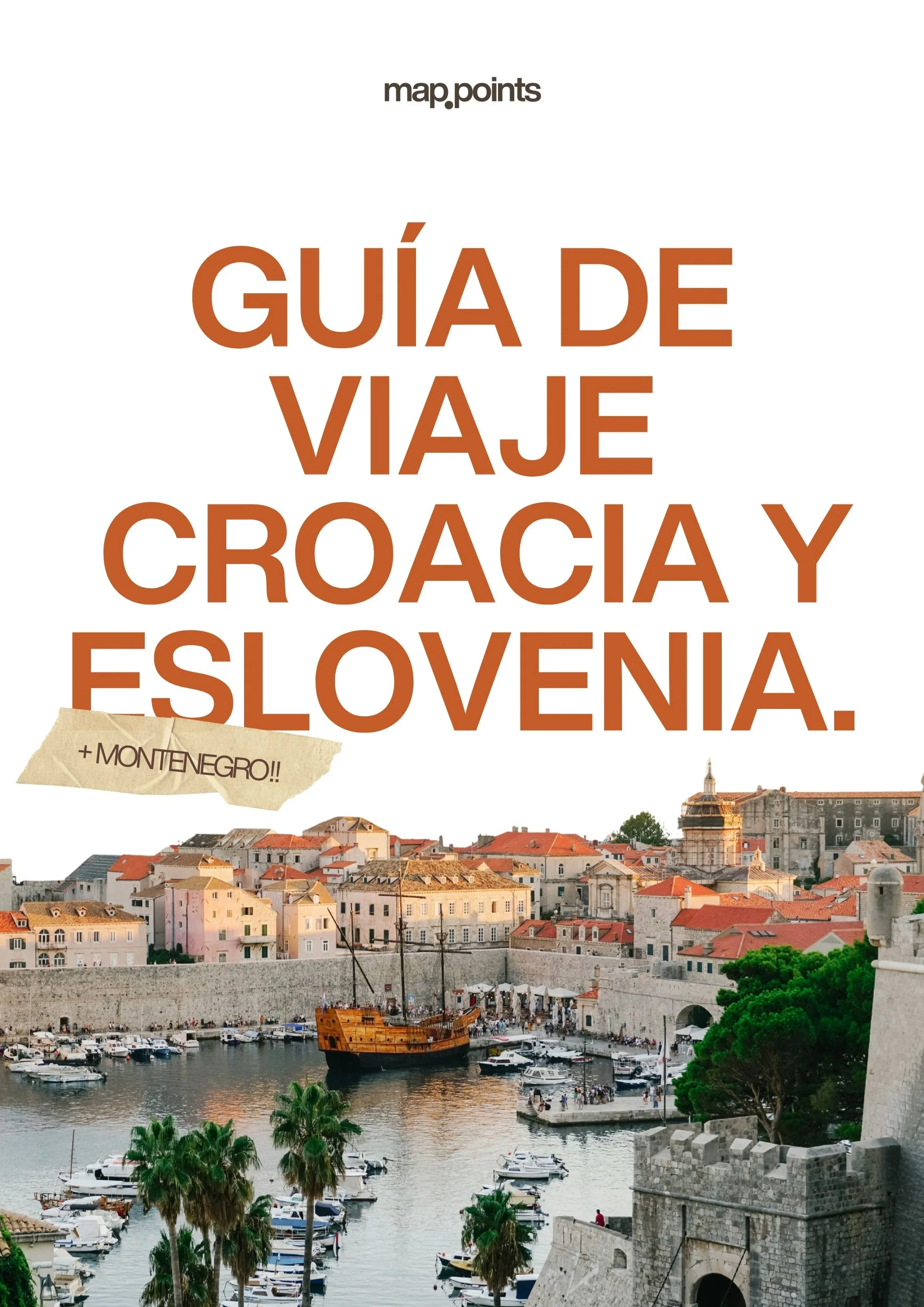Portada de una guía de viaje con vista de Dubrovnik, Croacia, con el mar y barcos, y una ciudad antigua con murallas y edificios rojos.