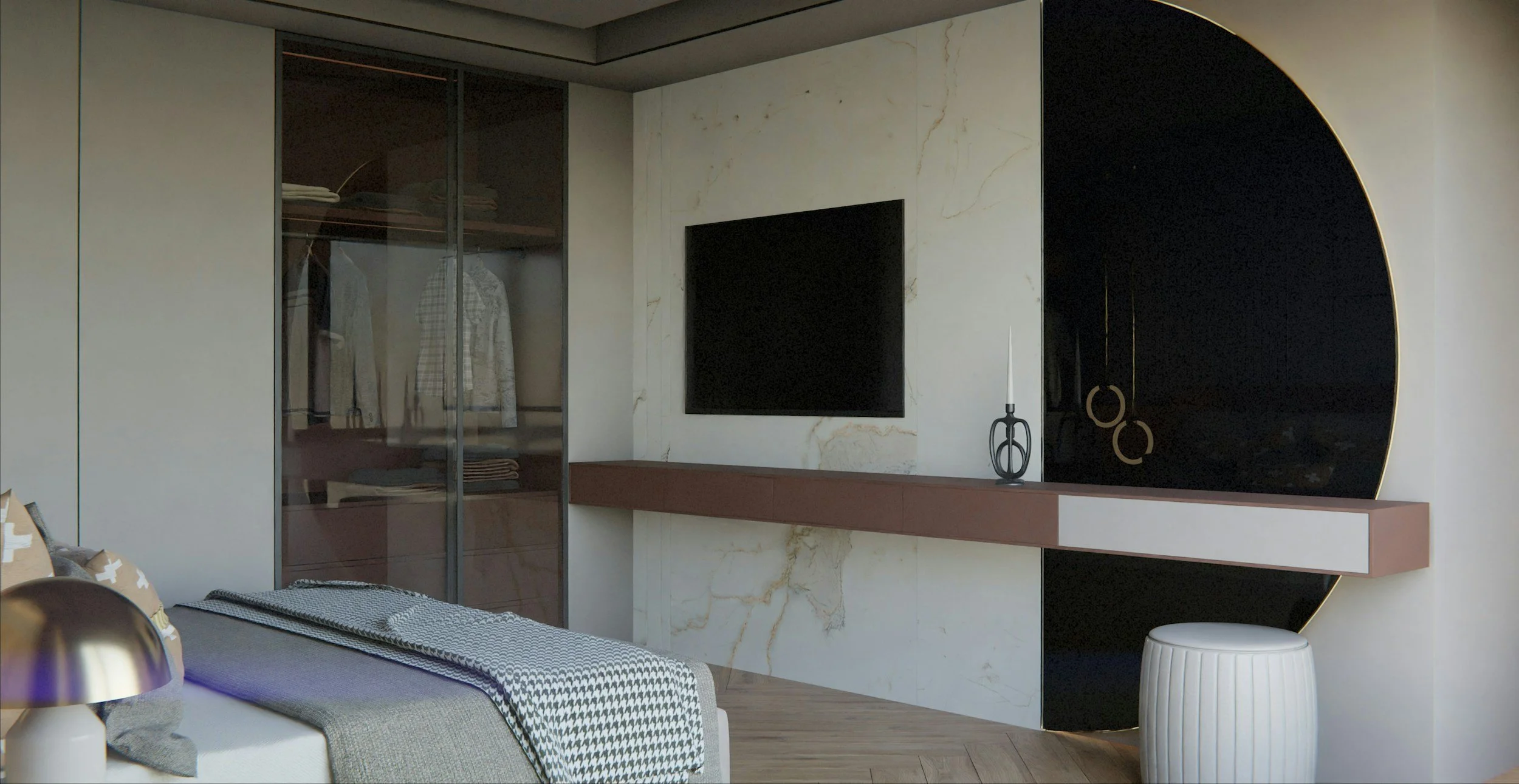 bedroom remodeling in palos verdes herringbone hardwood flooring, limestone, wood beam