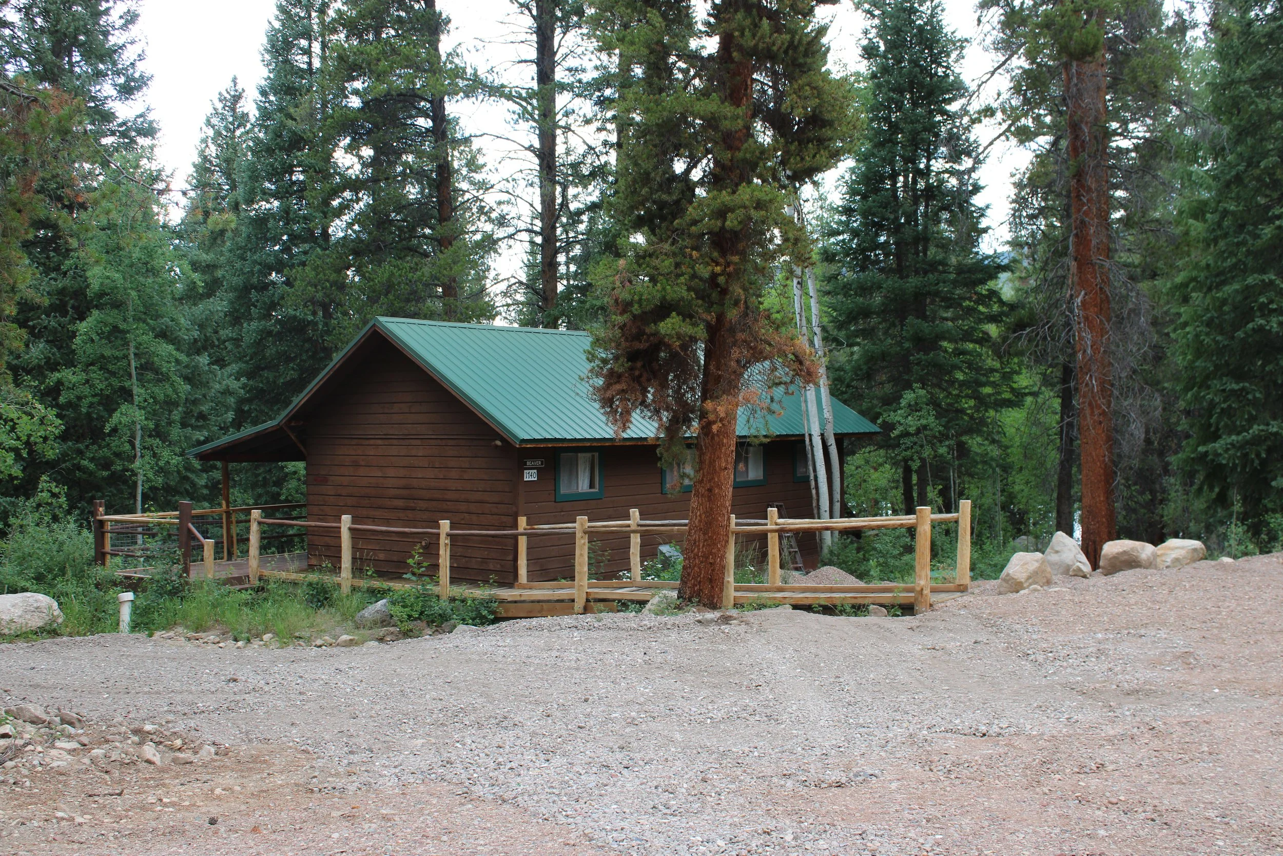 A small wooden cabin with a green metal roof situated among tall pine trees, with a gravel clearing in front and a wooden fence around the cabin.