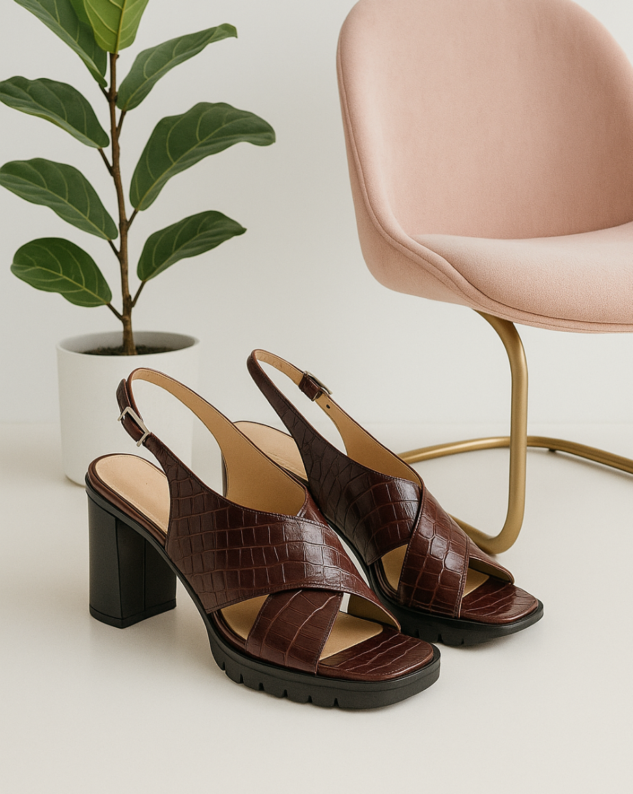 The Naranja heel. Orange vegan leather shoe with tortoise shell heel.