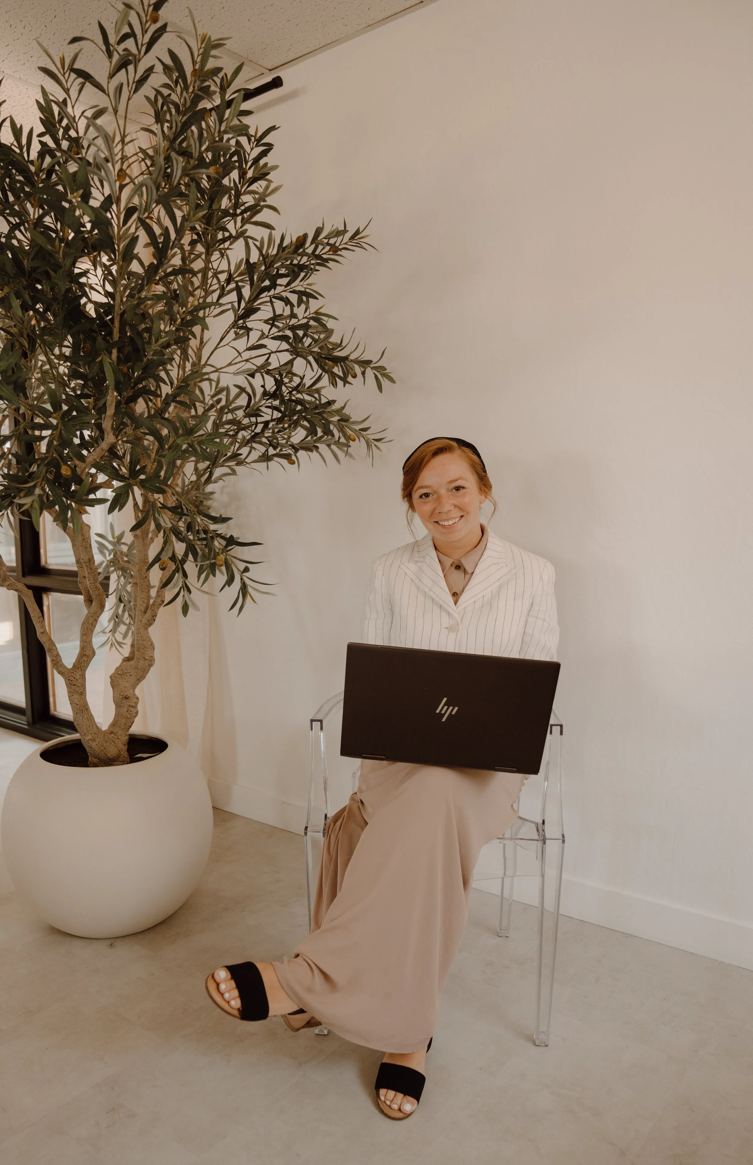 Person sitting on a clear chair with a laptop in an office setting, beside a large potted plant.