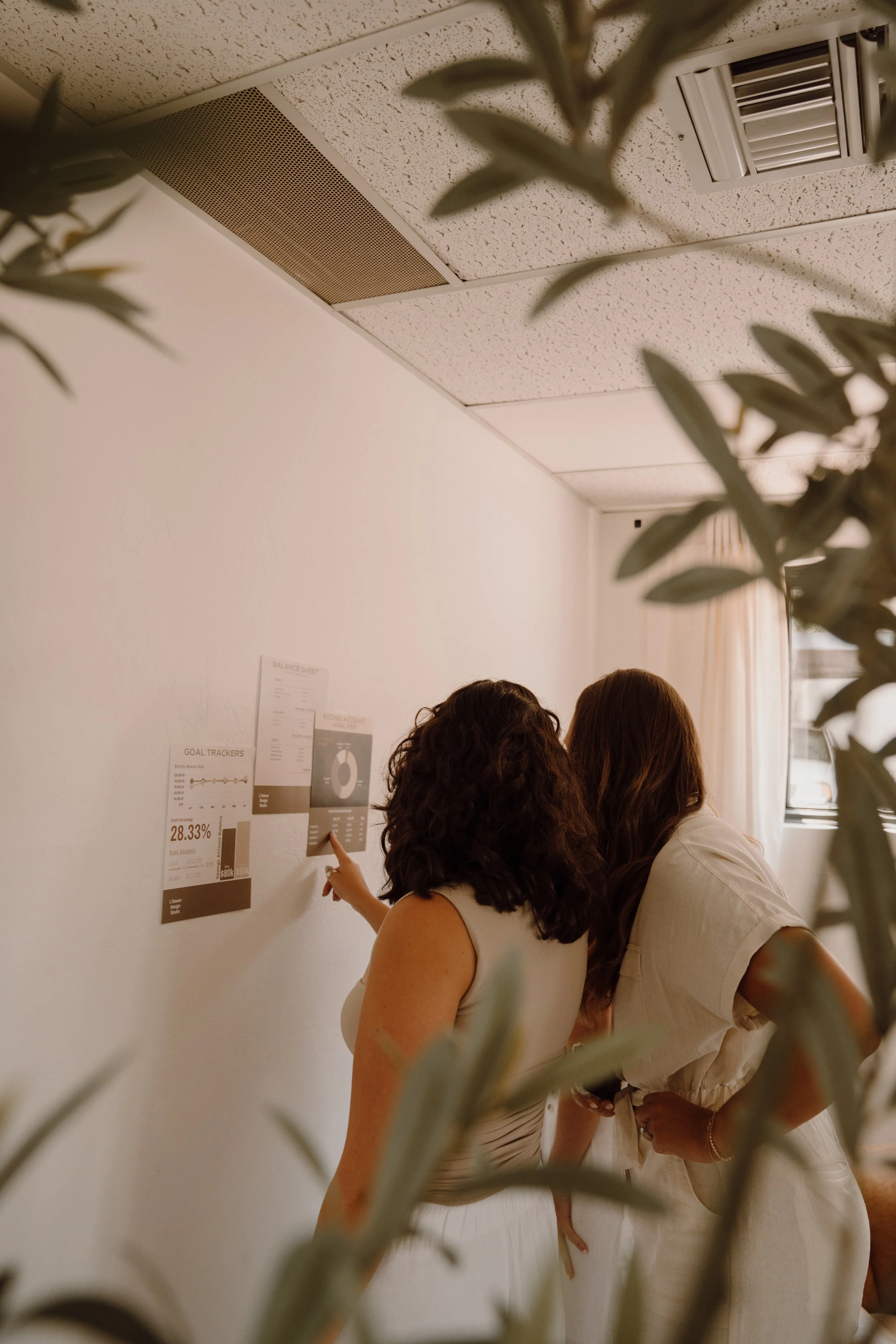 Two people reviewing business charts on a wall in an office, with plant leaves in the foreground.