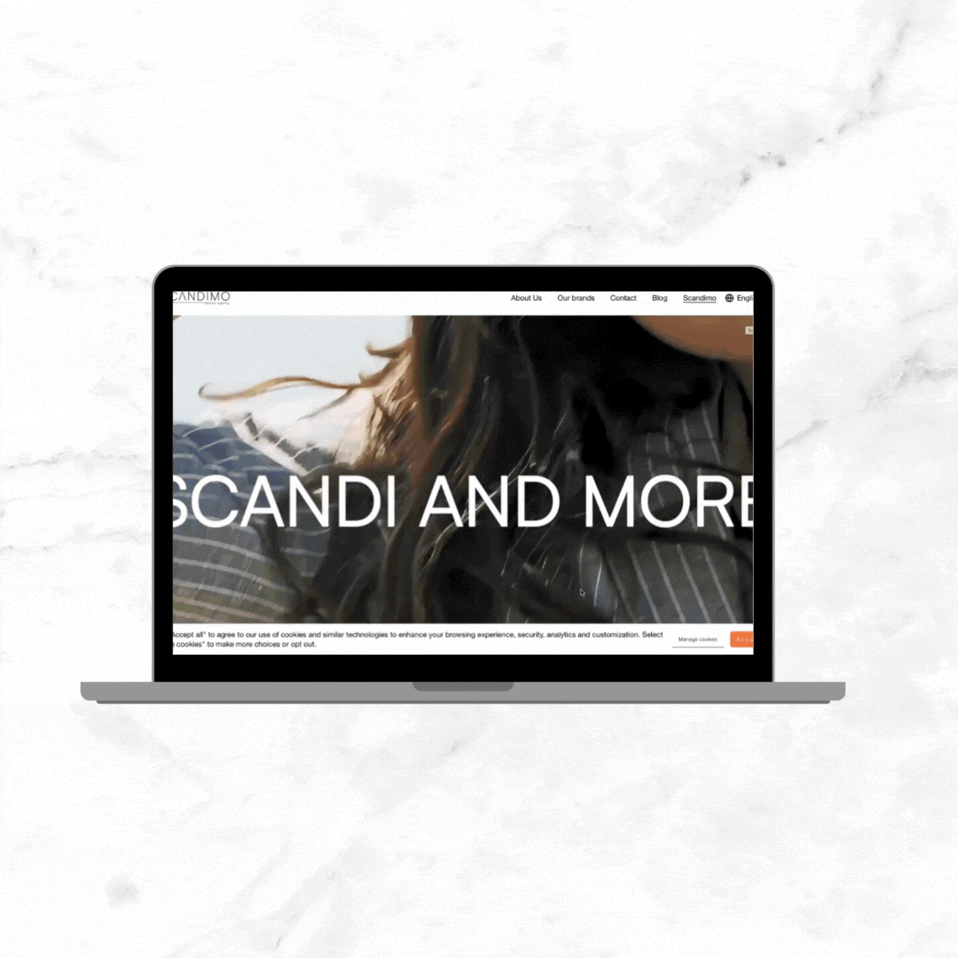 Laptop displaying a website with a person in a striped blazer on the screen, with the text 'SCANDI AND MORE' overlaid in large white letters.
